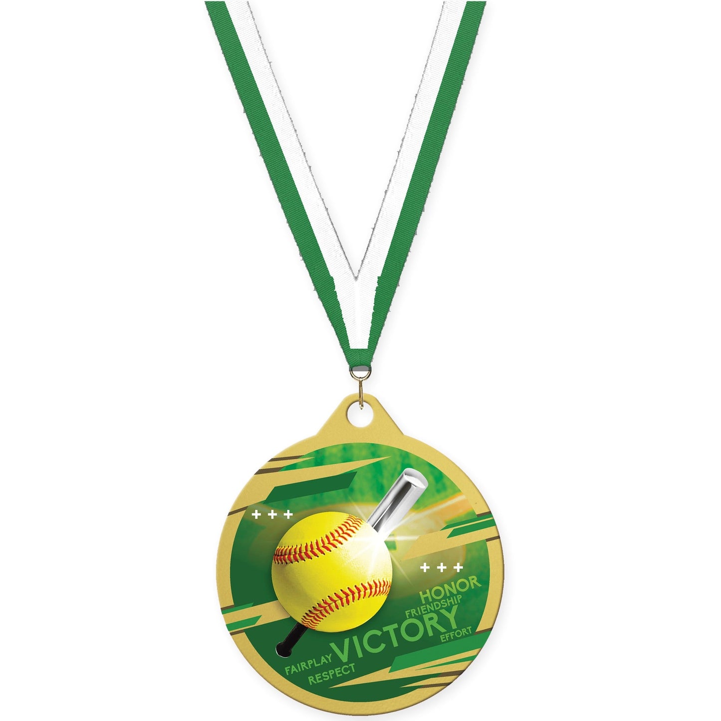 2 inch softball Inspire medal in gold with Green White neck ribbon
