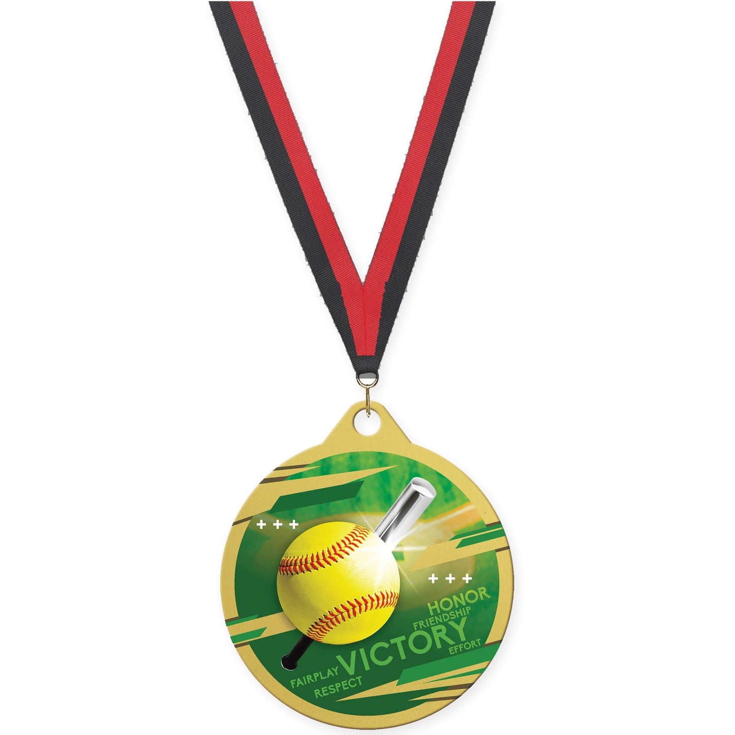 2 inch softball Inspire medal in gold with Black Red neck ribbon