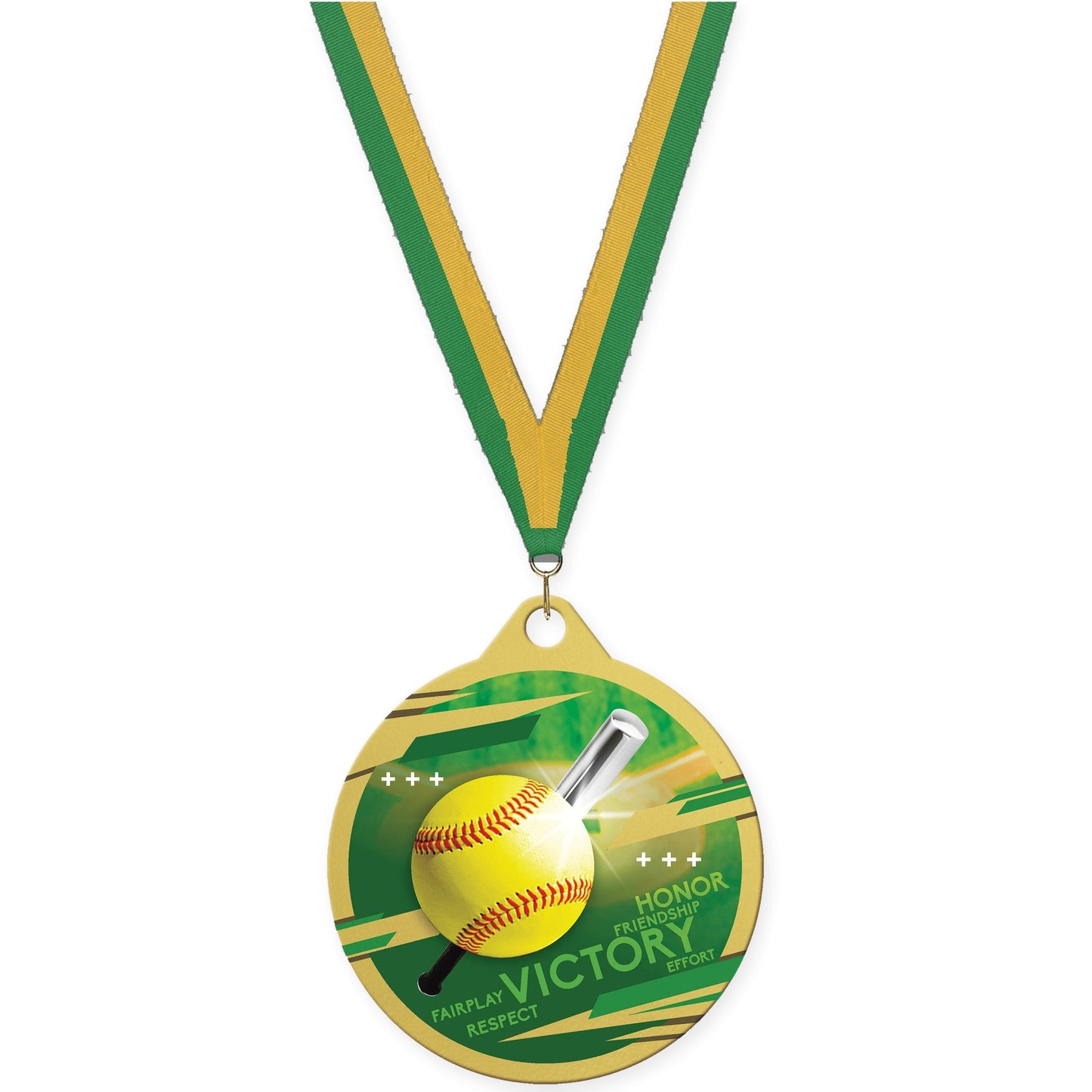 2 inch softball Inspire medal in gold with Green Gold neck ribbon
