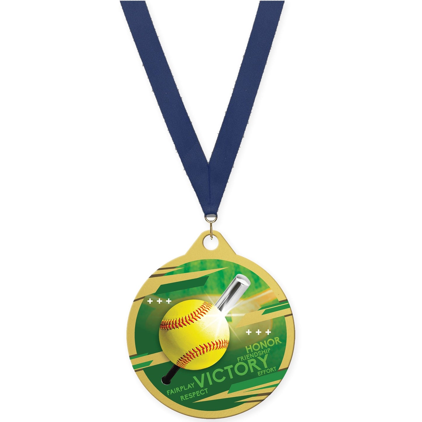 2 inch softball Inspire medal in gold with Navy neck ribbon