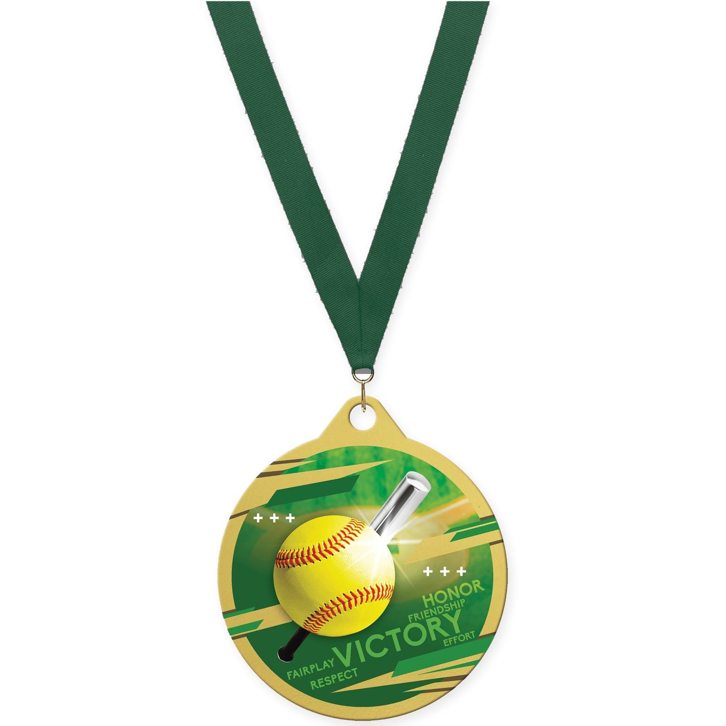 2 inch softball Inspire medal in gold with Hunter Green neck ribbon
