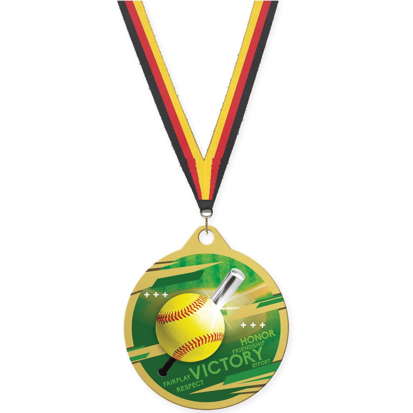 2 inch softball Inspire medal in gold with Black Red Yellow neck ribbon