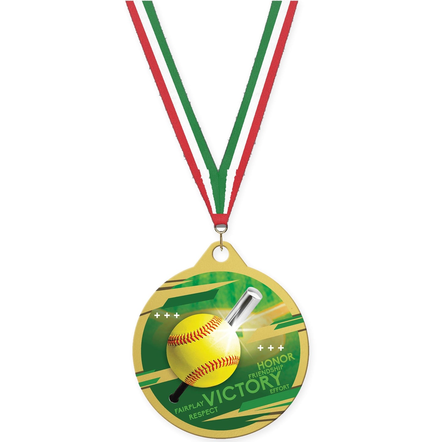 2 inch softball Inspire medal in gold with Red White Green neck ribbon