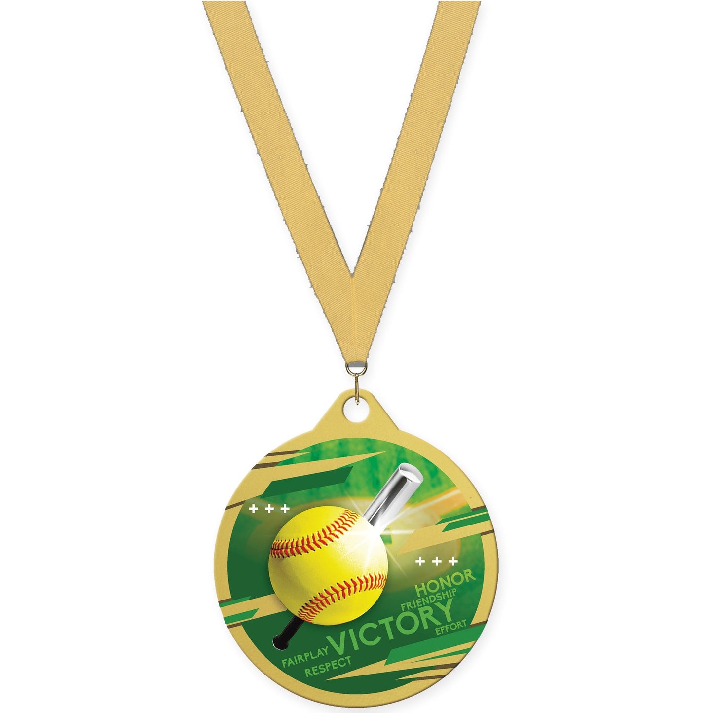 2 inch softball Inspire medal in gold with Gold Metallic neck ribbon
