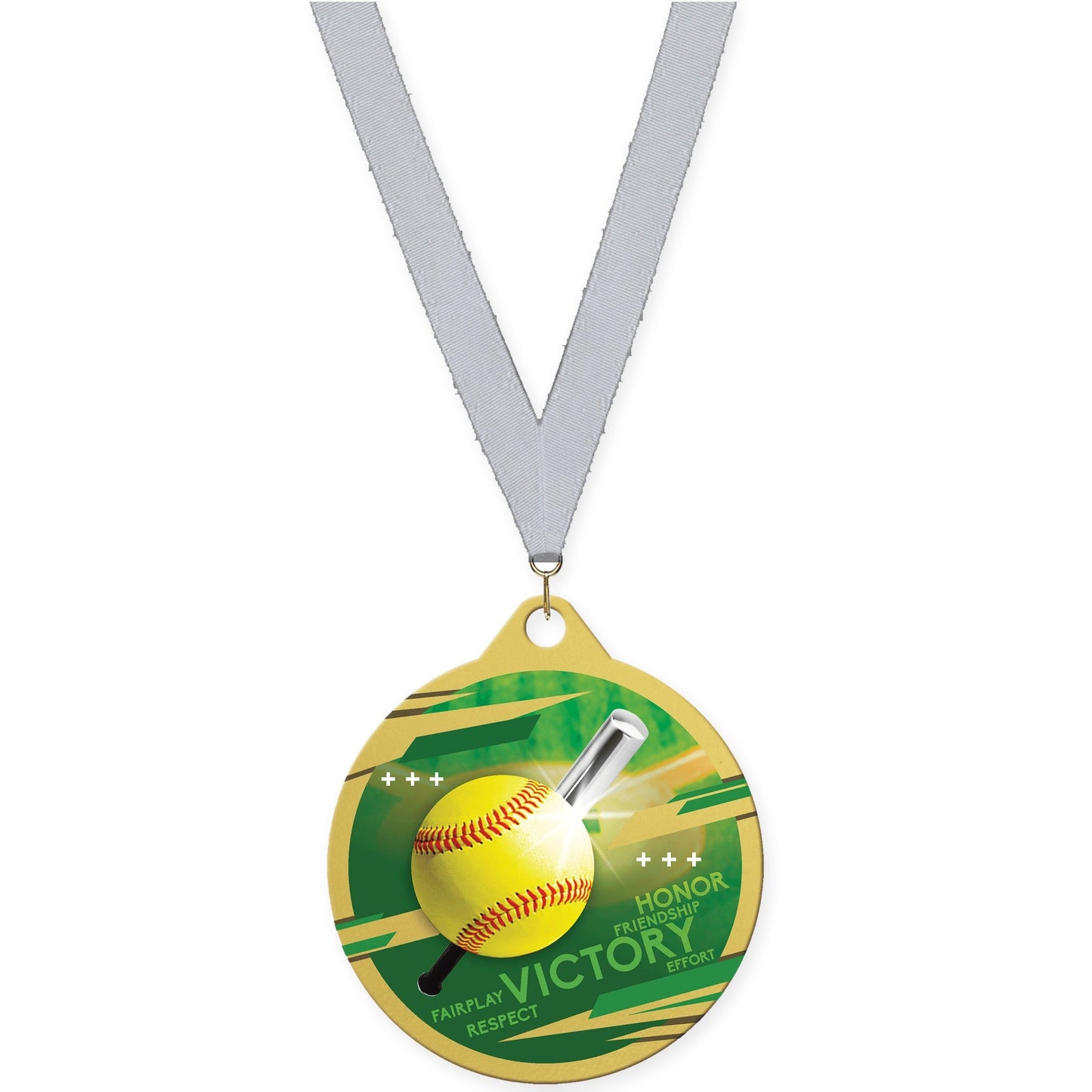 2 inch softball Inspire medal in gold with Silver Metallic neck ribbon