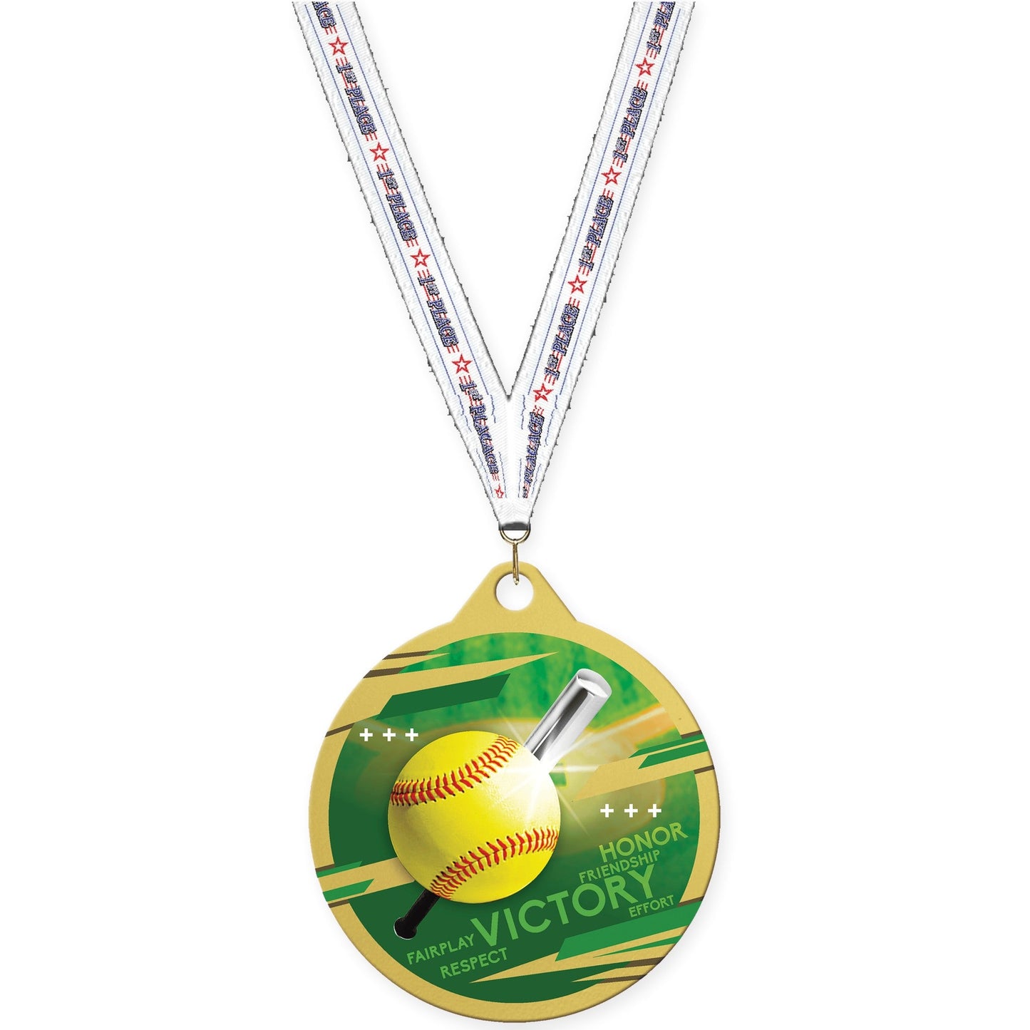 2 inch softball Inspire medal in gold with 1st Place neck ribbon