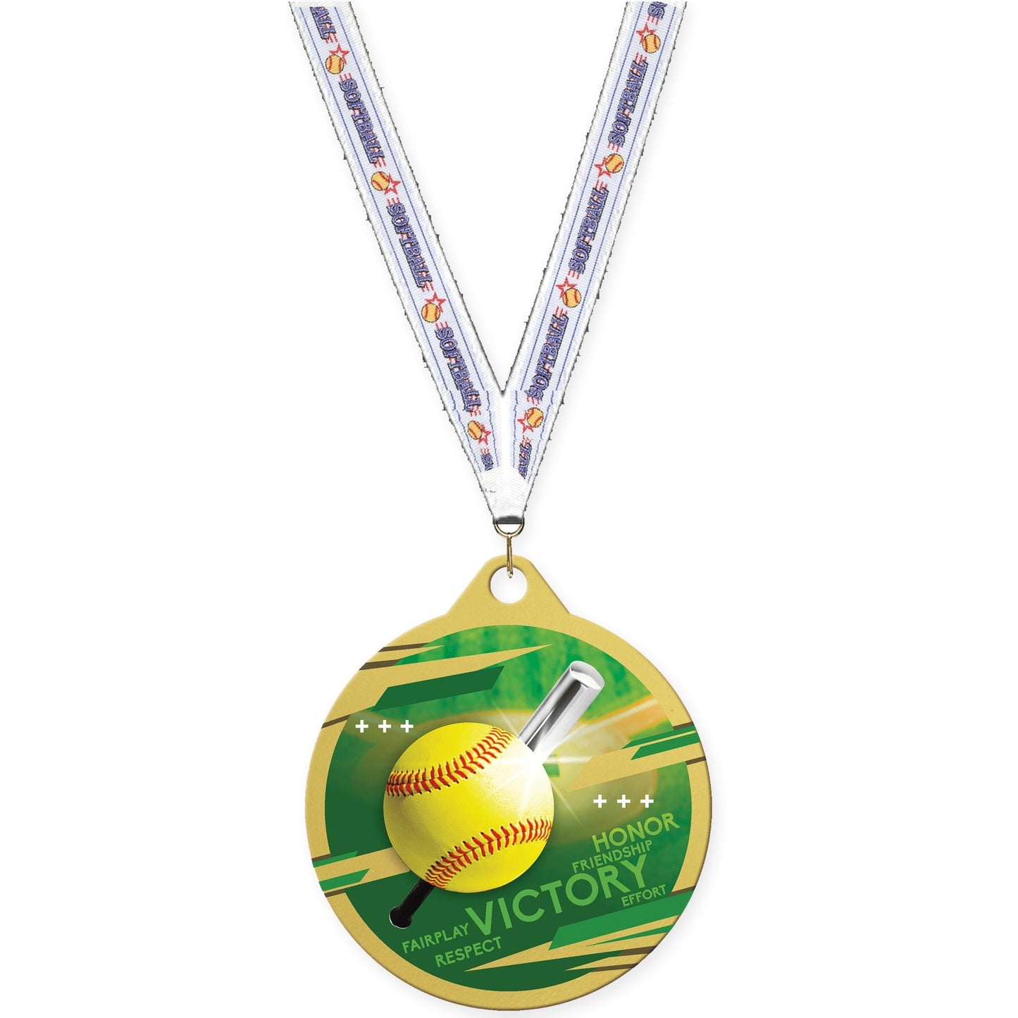 2 inch softball Inspire medal in gold with Softball neck ribbon