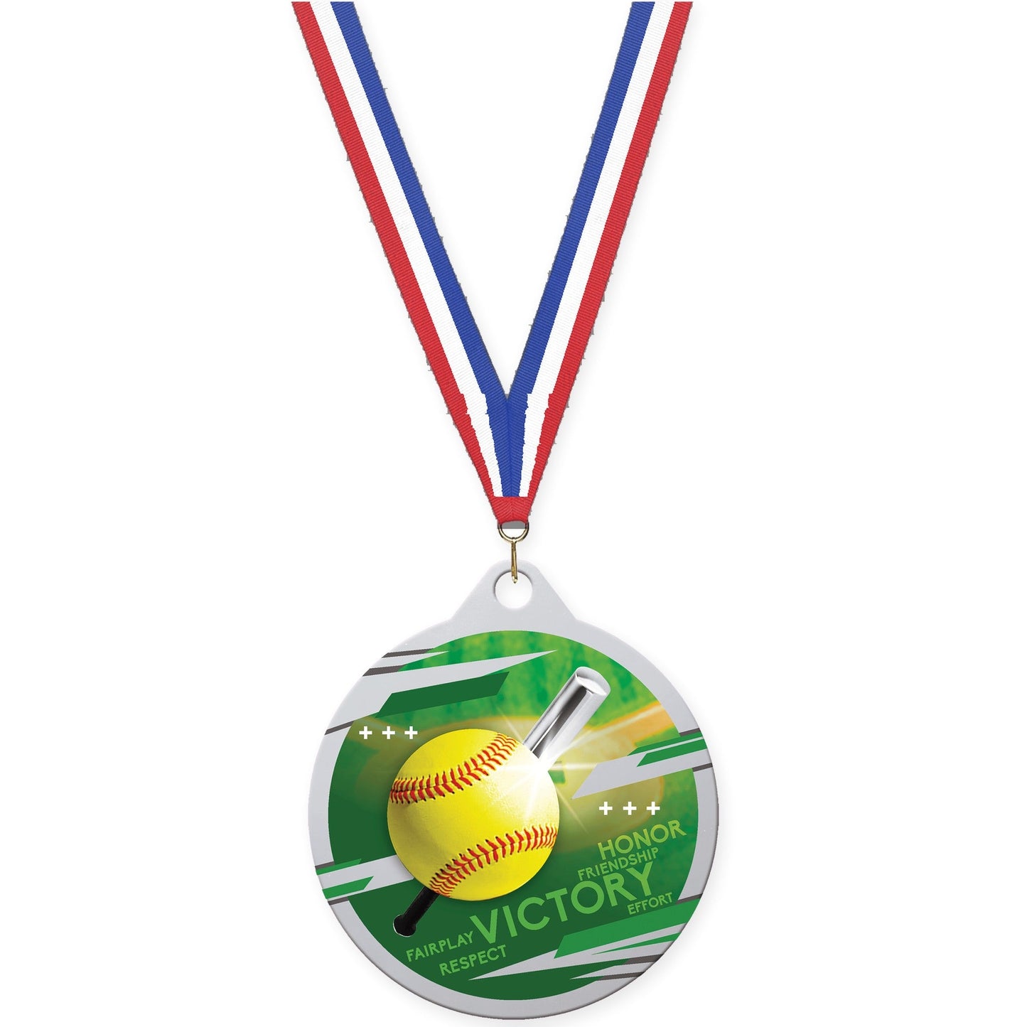 2 inch softball Inspire medal in silver with Red White Blue neck ribbon