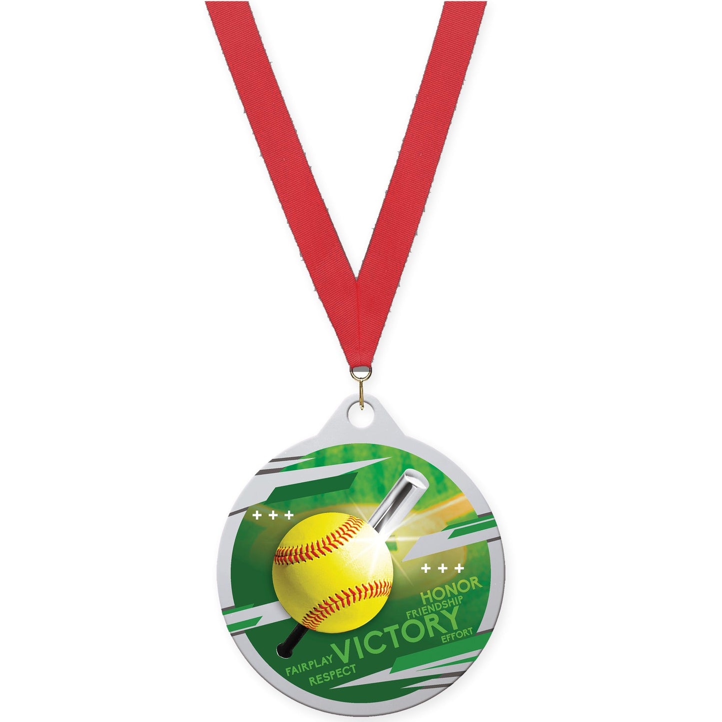 2 inch softball Inspire medal in silver with Red neck ribbon