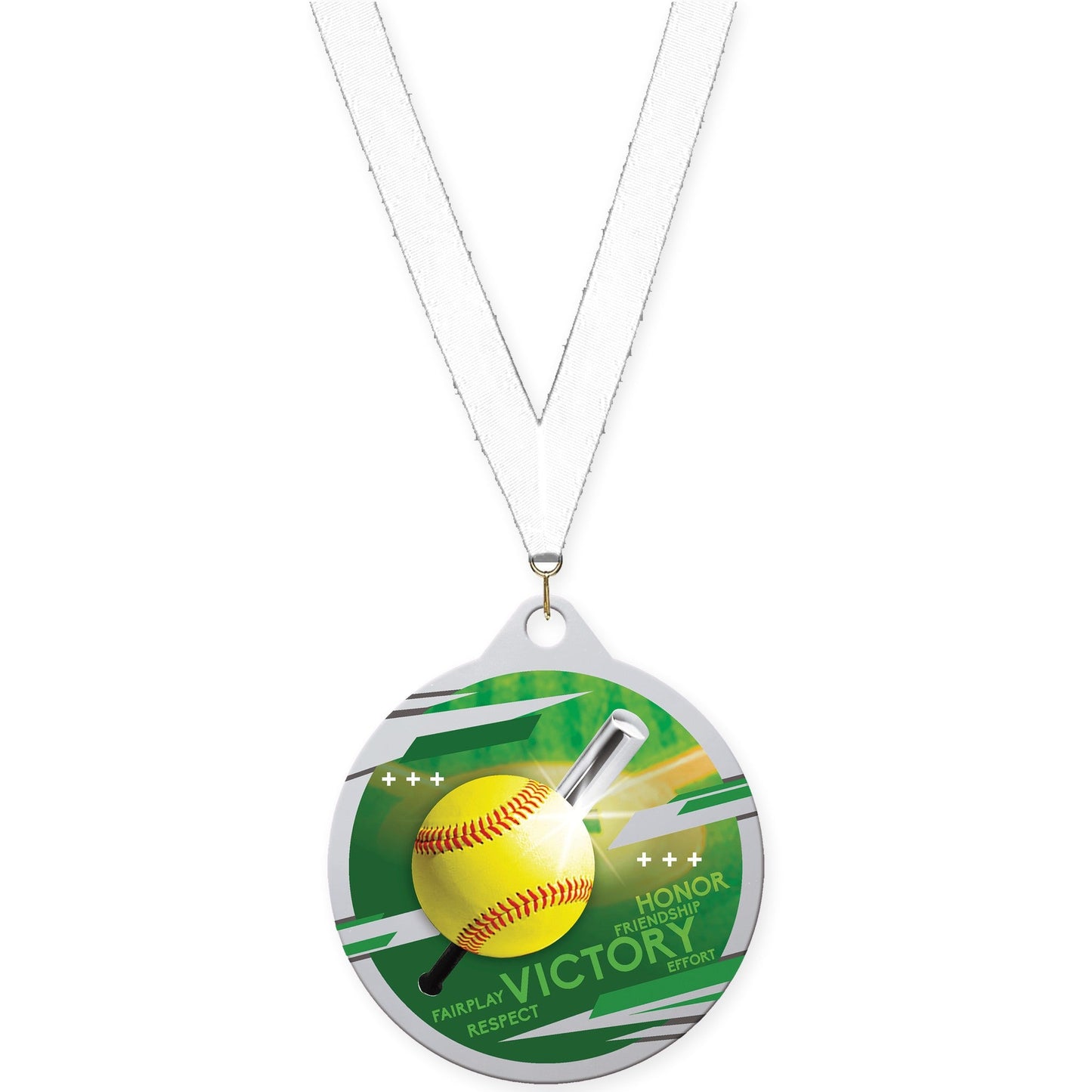 2 inch softball Inspire medal in silver with White neck ribbon