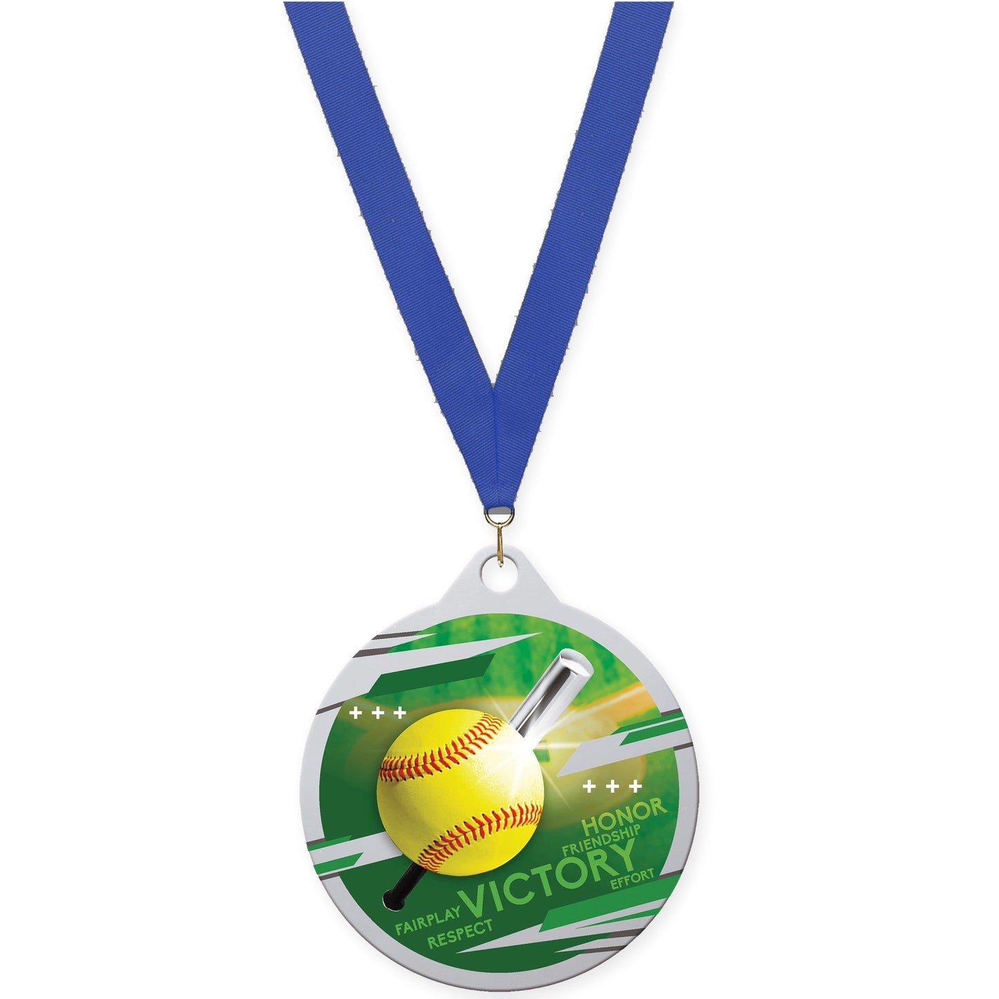 2 inch softball Inspire medal in silver with Blue neck ribbon