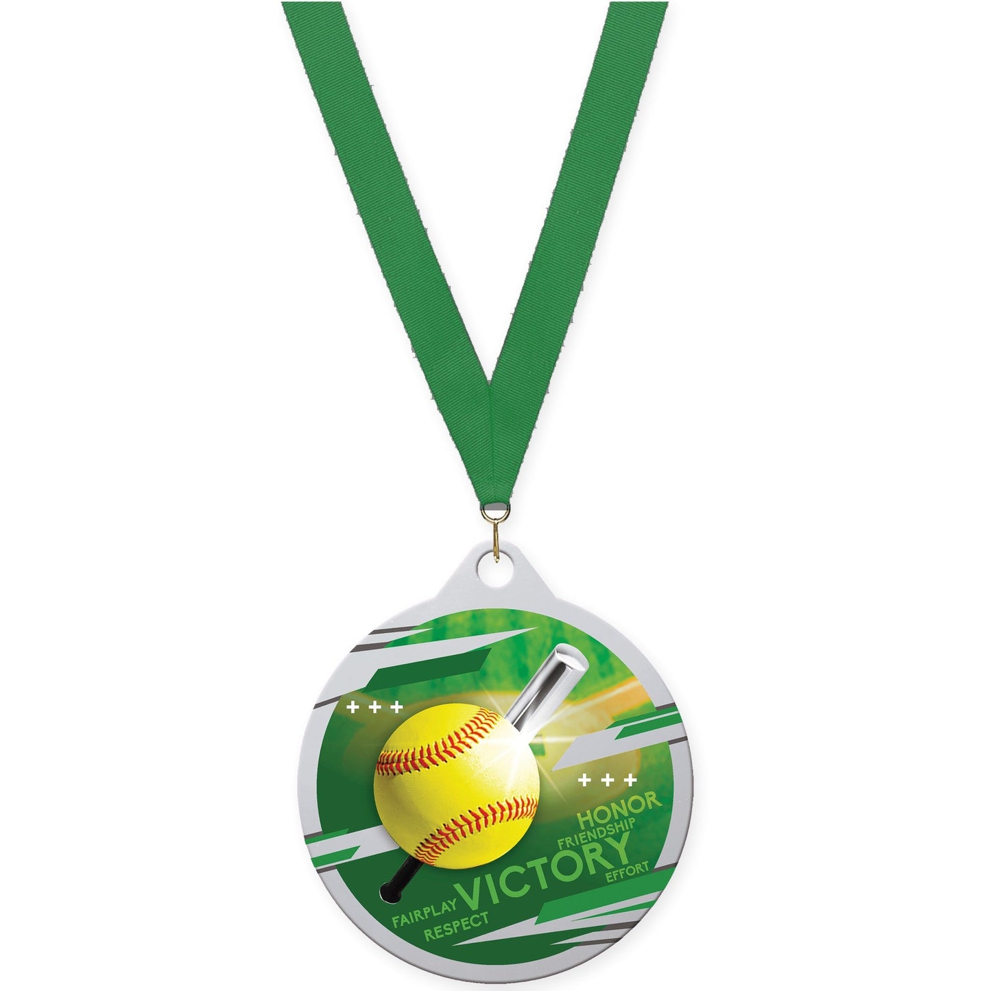 2 inch softball Inspire medal in silver with Green neck ribbon