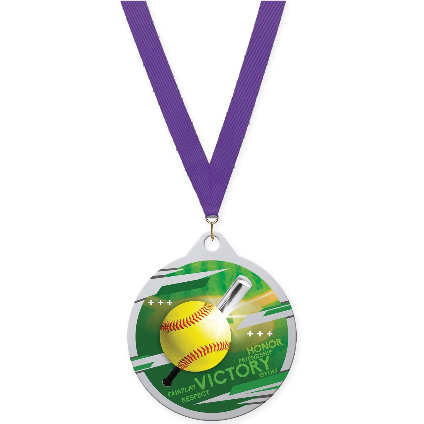 2 inch softball Inspire medal in silver with Purple neck ribbon