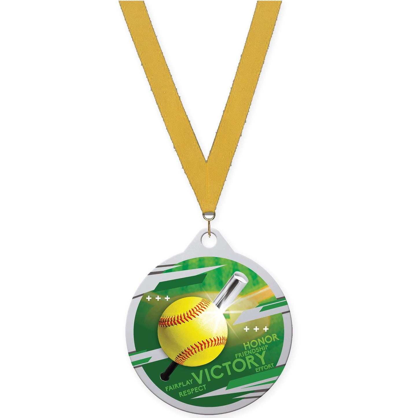 2 inch softball Inspire medal in silver with Gold neck ribbon