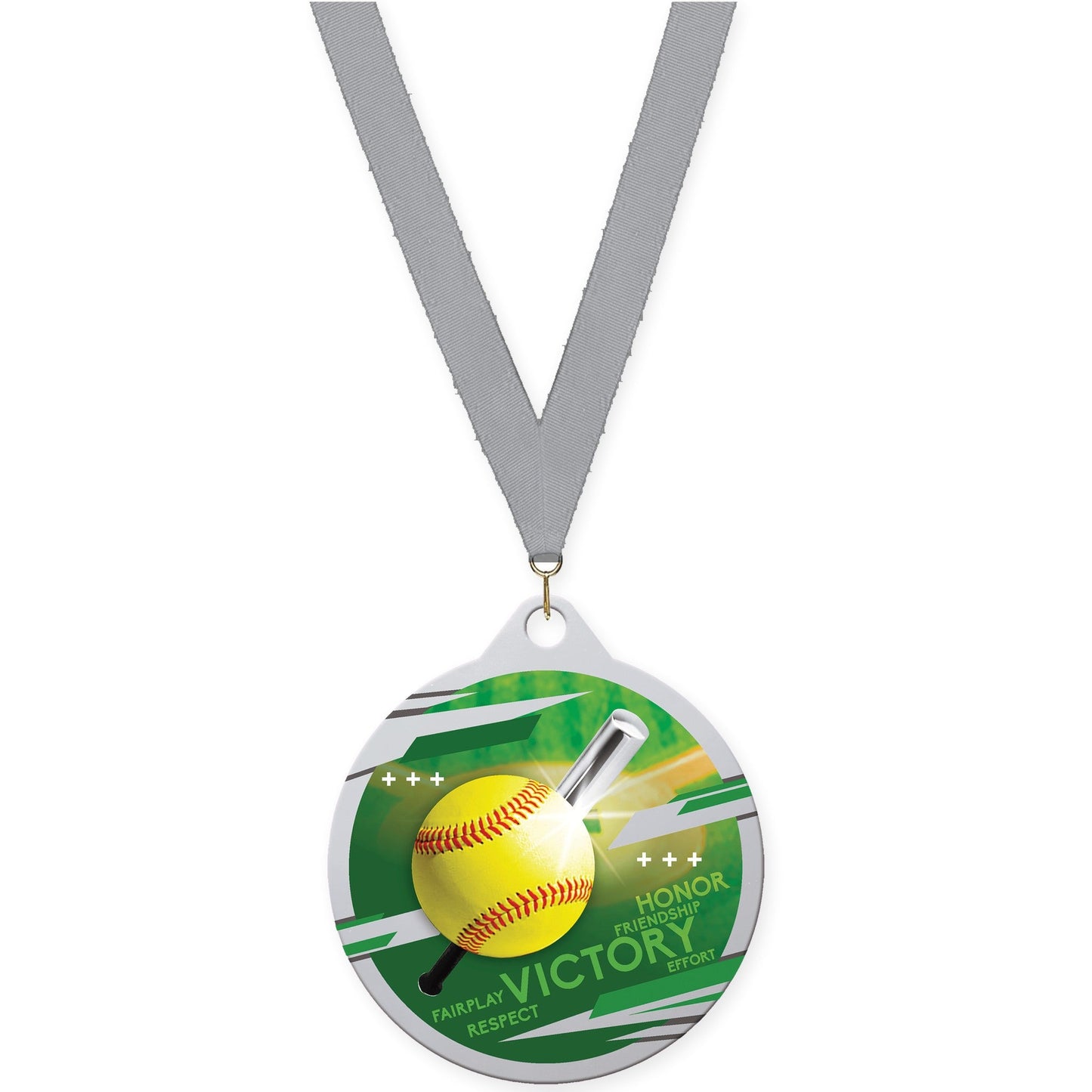2 inch softball Inspire medal in silver with Gray neck ribbon