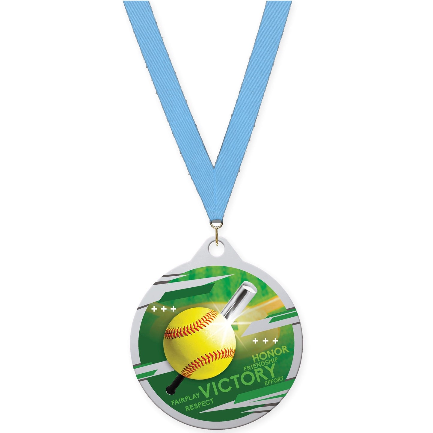 2 inch softball Inspire medal in silver with Light Blue neck ribbon