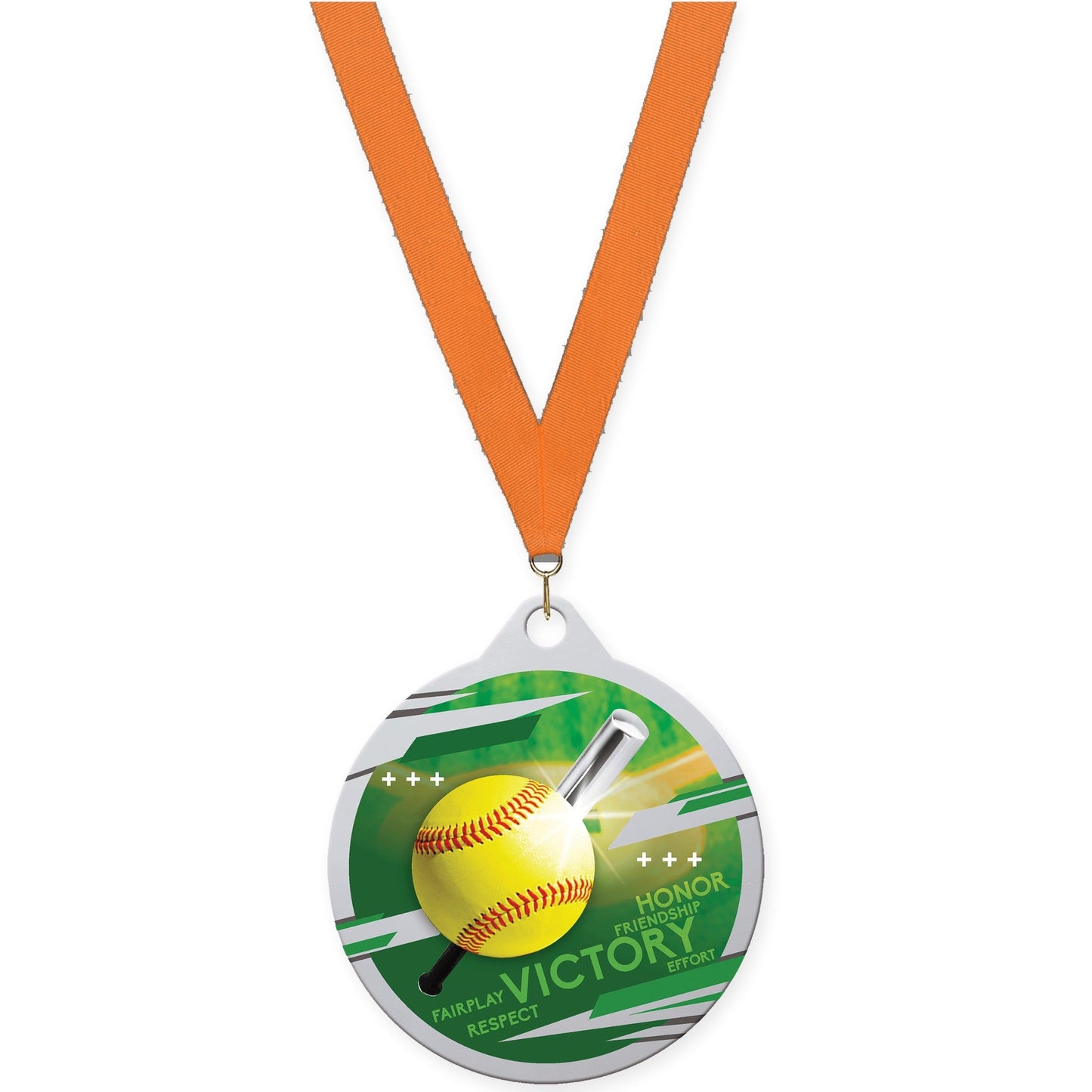 2 inch softball Inspire medal in silver with Orange neck ribbon