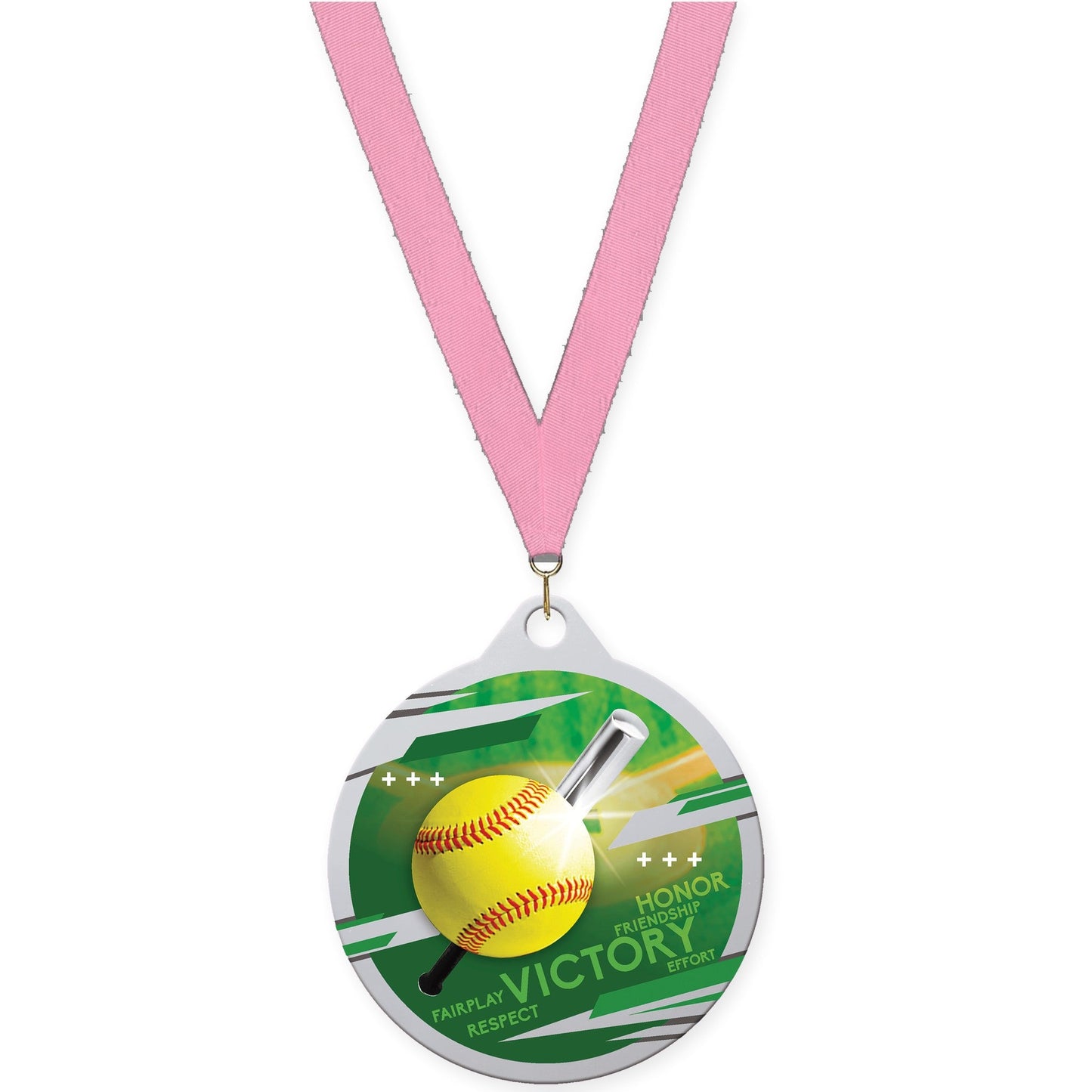 2 inch softball Inspire medal in silver with Pink neck ribbon
