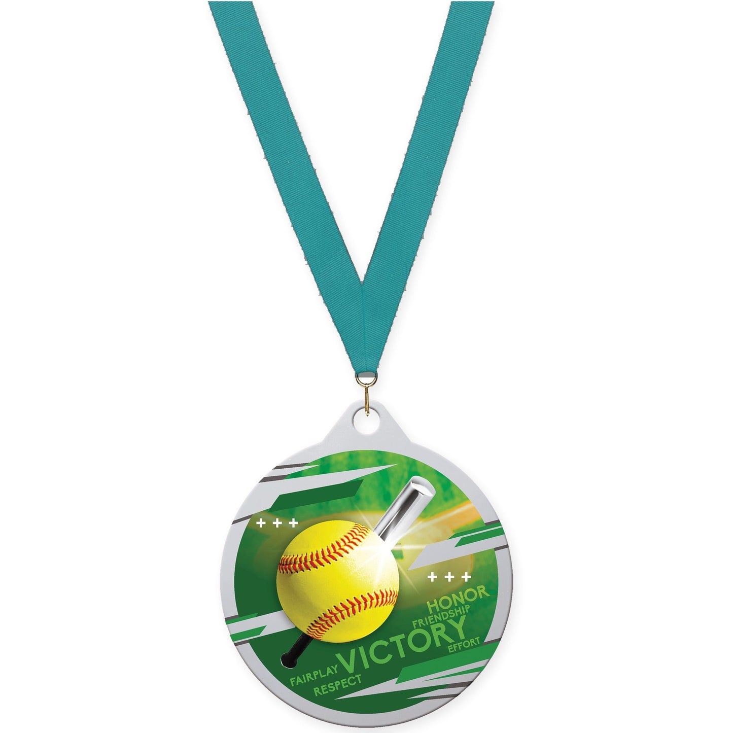 2 inch softball Inspire medal in silver with Teal neck ribbon