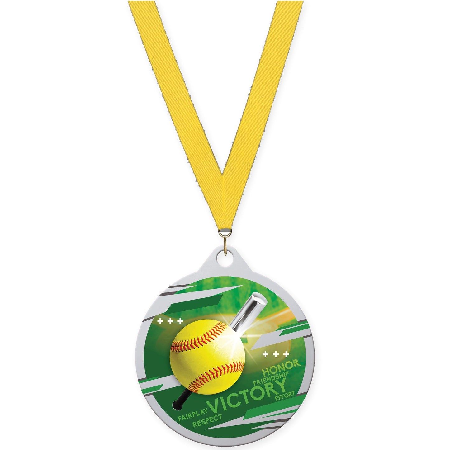 2 inch softball Inspire medal in silver with Yellow neck ribbon