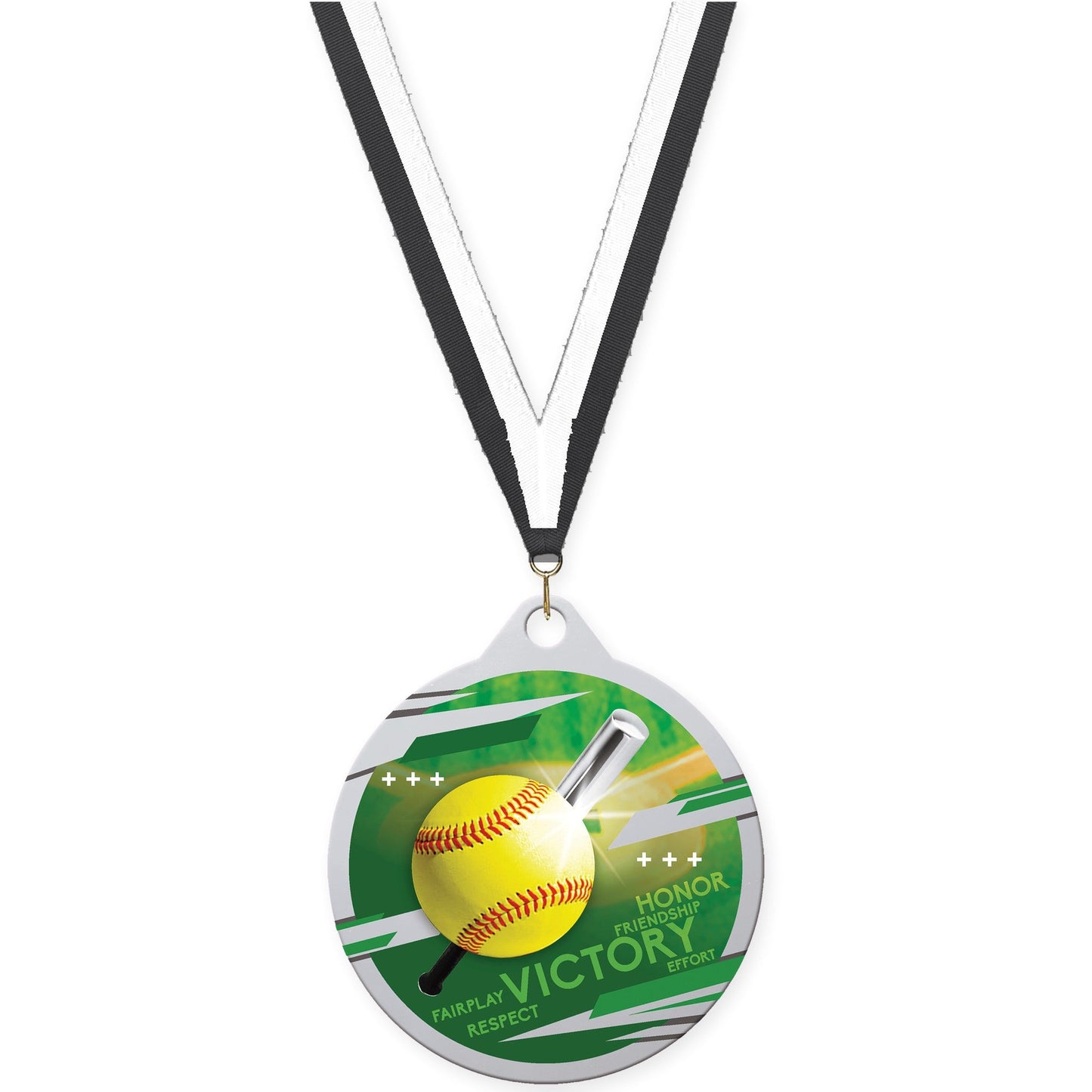 2 inch softball Inspire medal in silver with Black White neck ribbon
