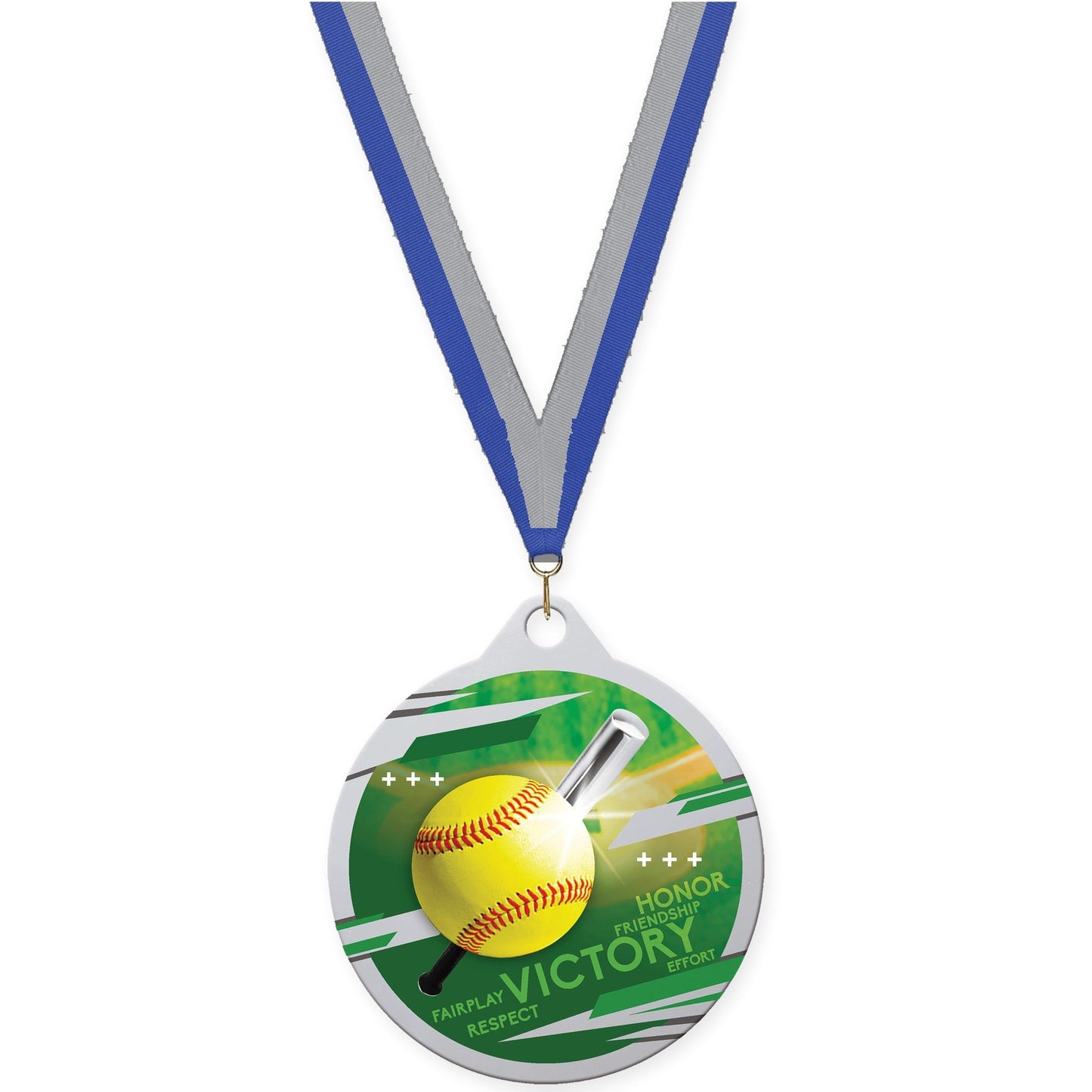 2 inch softball Inspire medal in silver with Blue Gray neck ribbon