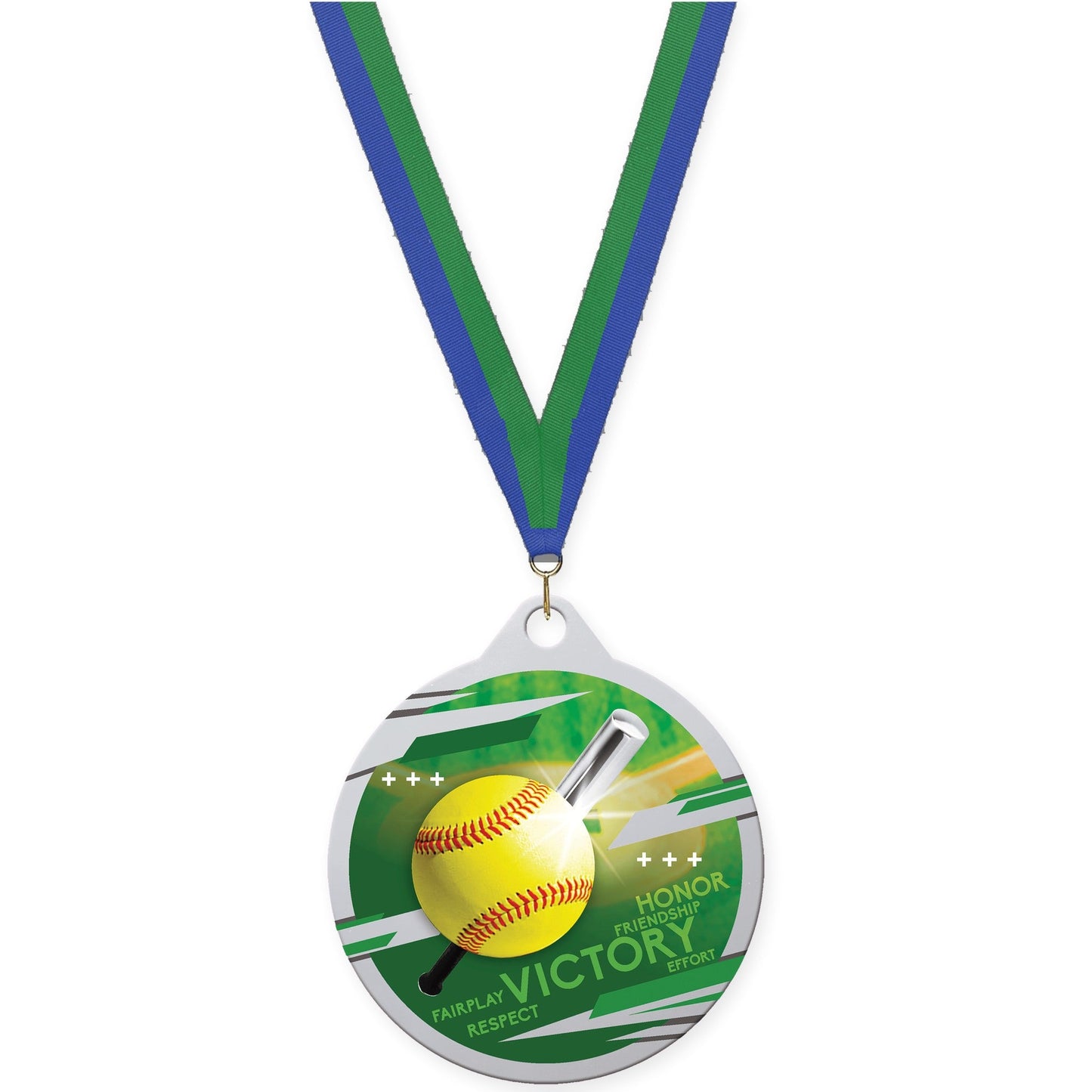 2 inch softball Inspire medal in silver with Blue Green neck ribbon