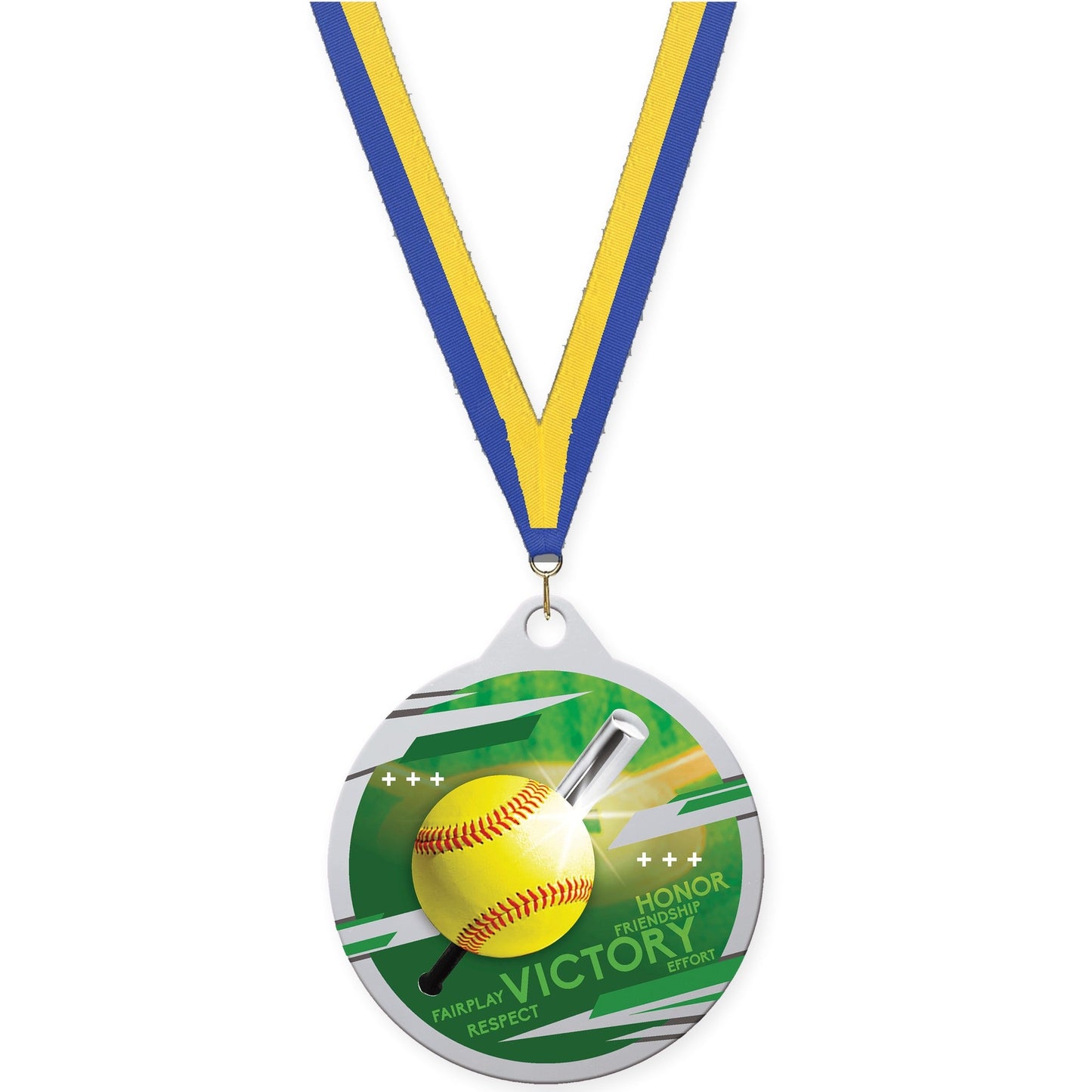 2 inch softball Inspire medal in silver with Blue Yellow neck ribbon