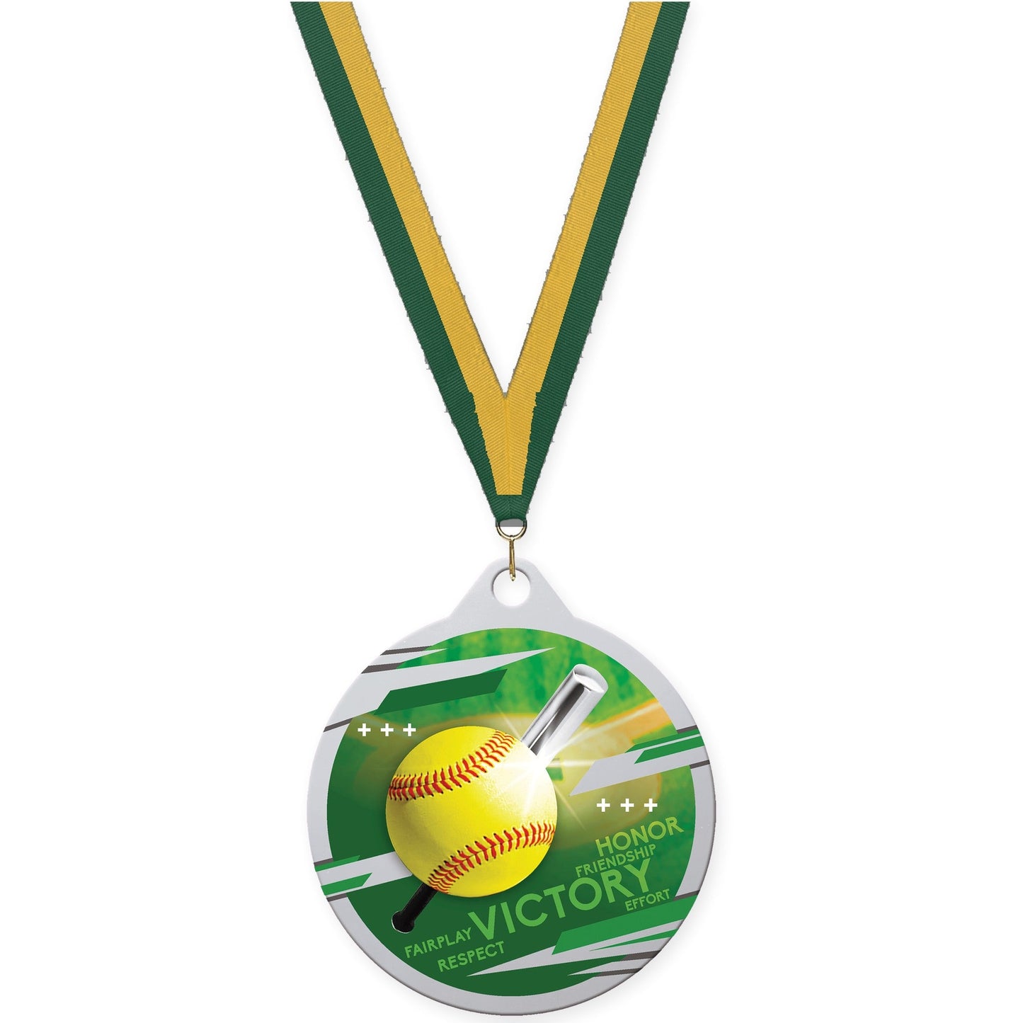 2 inch softball Inspire medal in silver with Hunter Green Gold neck ribbon