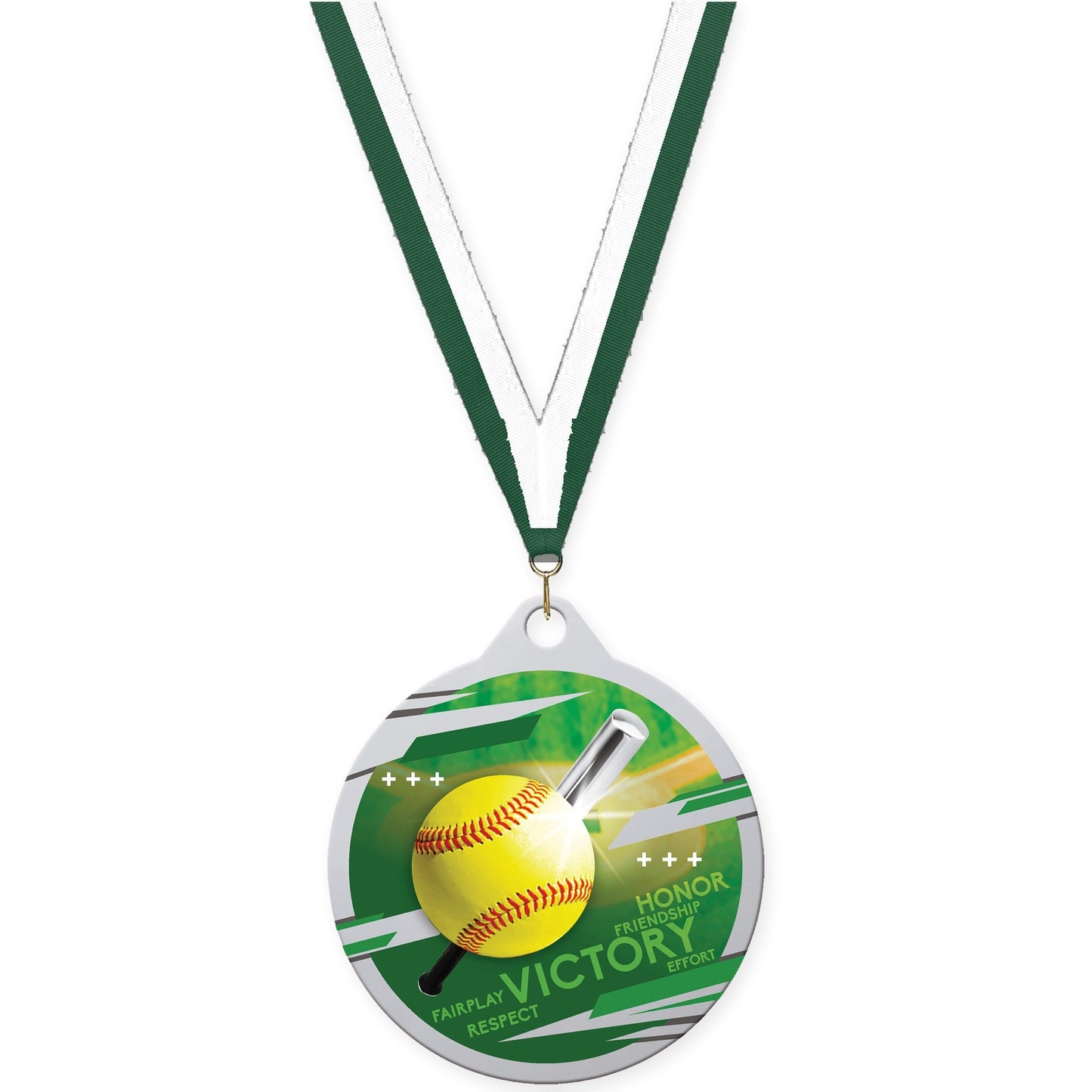 2 inch softball Inspire medal in silver with Hunter Green White neck ribbon