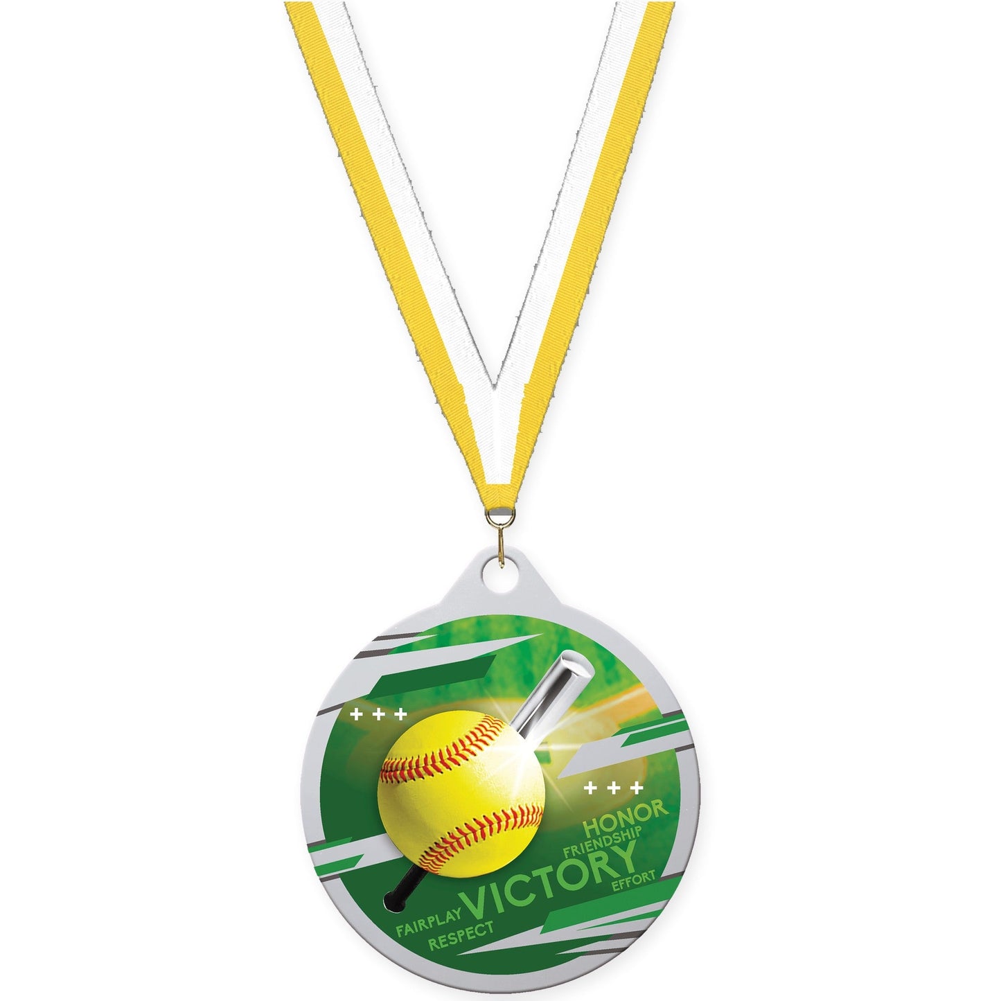 2 inch softball Inspire medal in silver with Yellow White neck ribbon