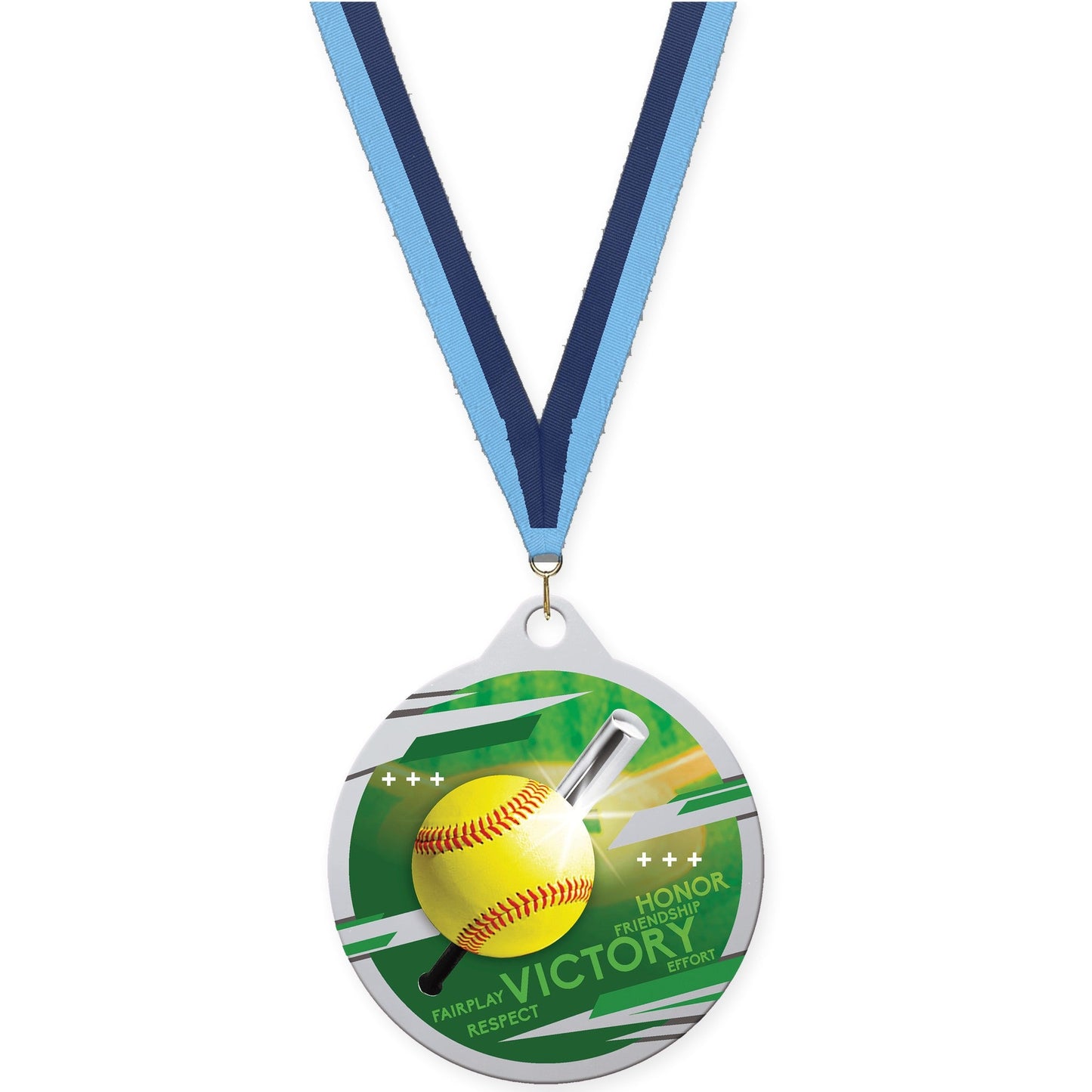 2 inch softball Inspire medal in silver with Light Blue Navy neck ribbon
