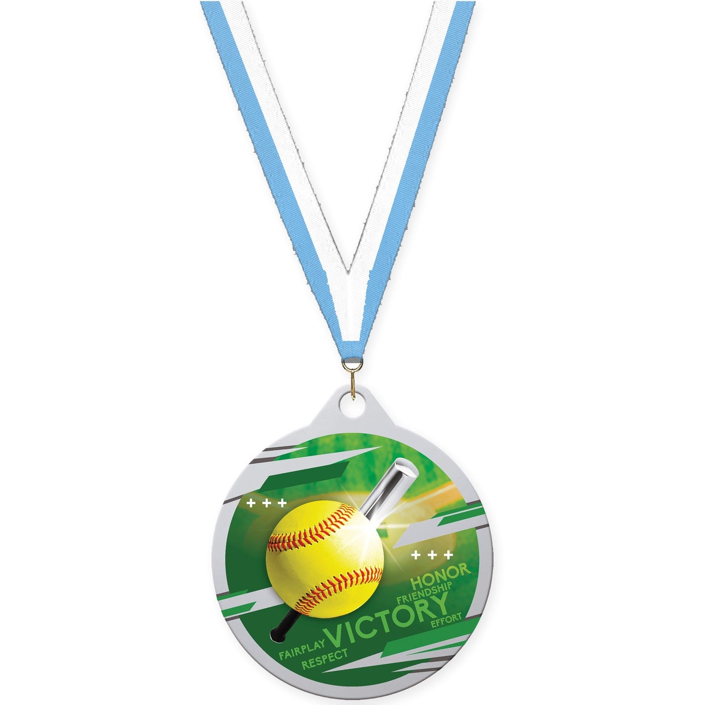 2 inch softball Inspire medal in silver with Light Blue White neck ribbon