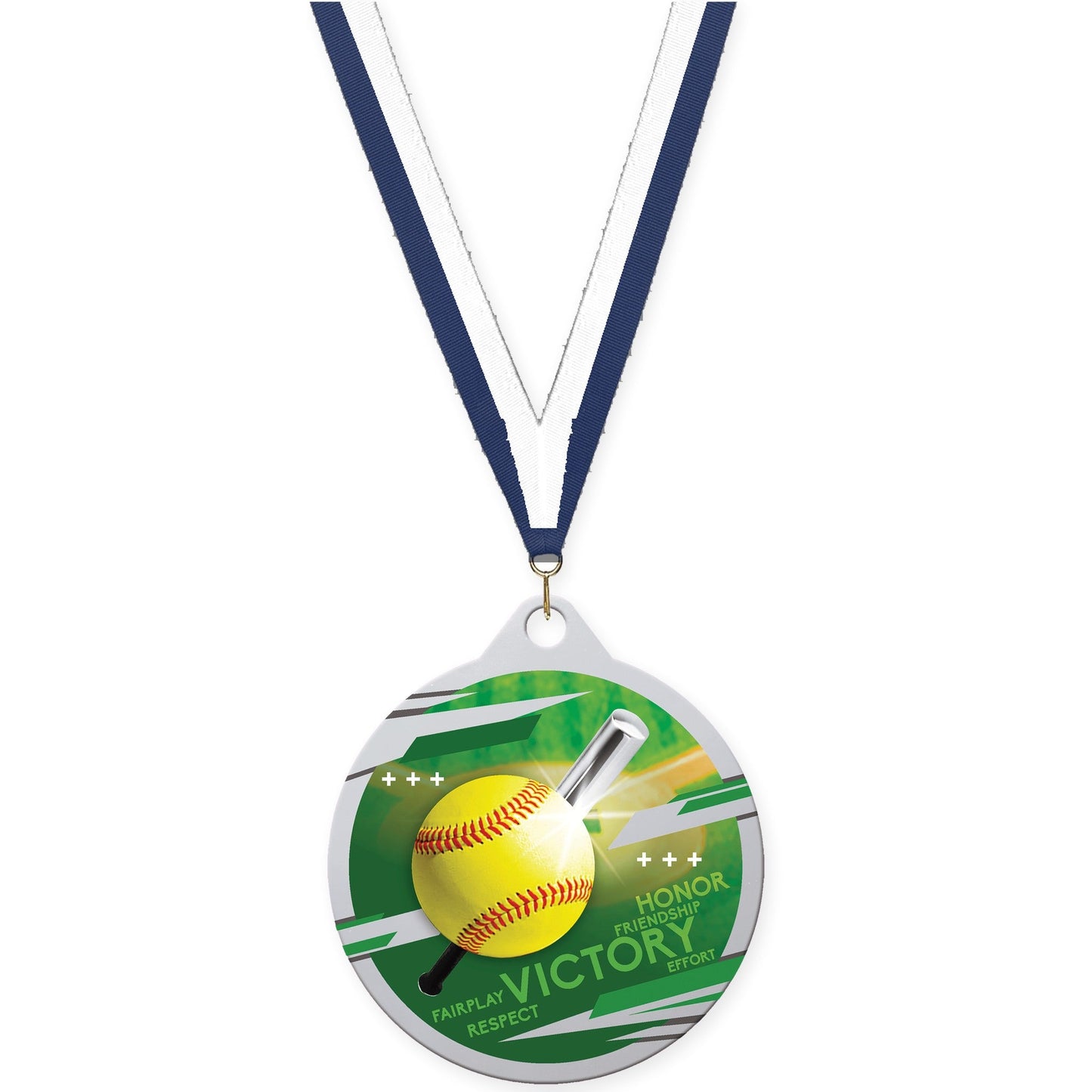 2 inch softball Inspire medal in silver with Navy White neck ribbon