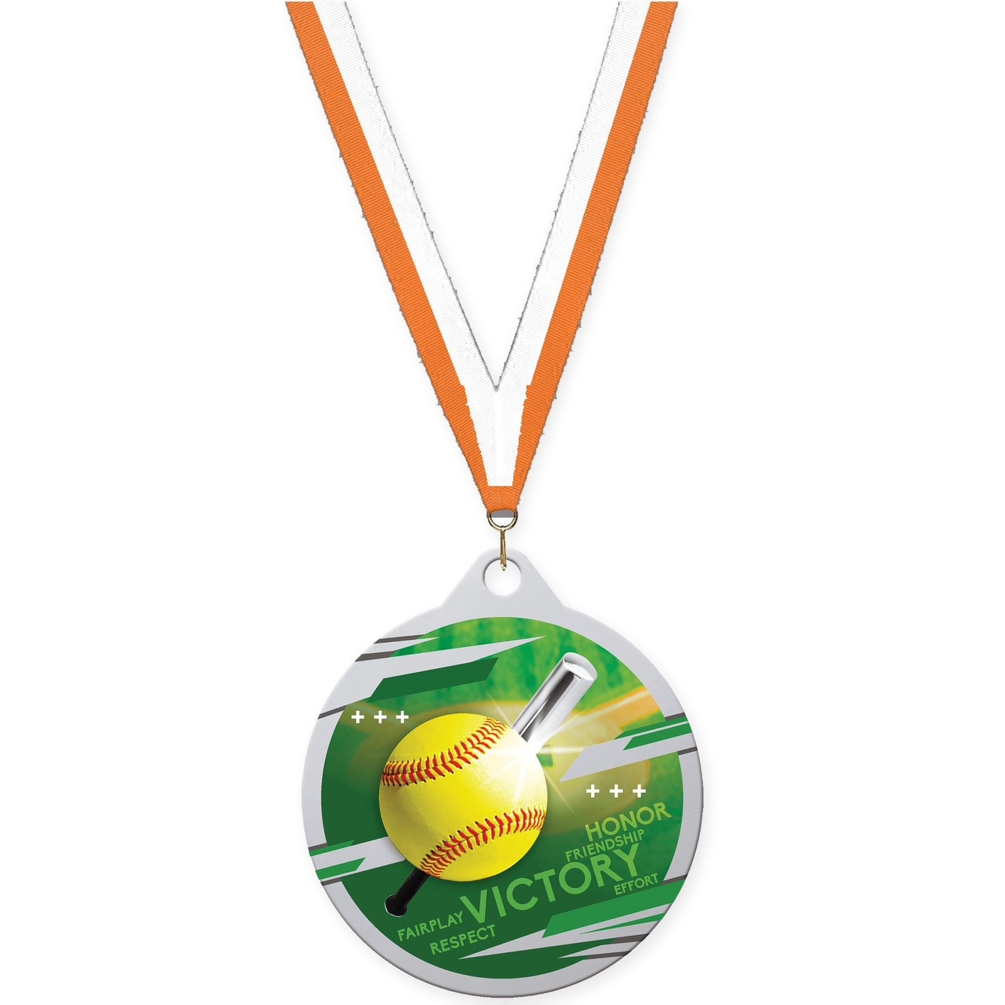 2 inch softball Inspire medal in silver with Orange White neck ribbon