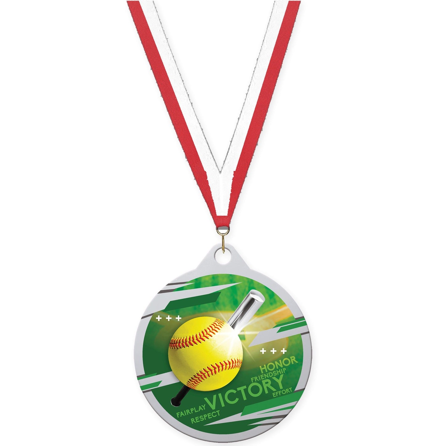 2 inch softball Inspire medal in silver with Red White neck ribbon