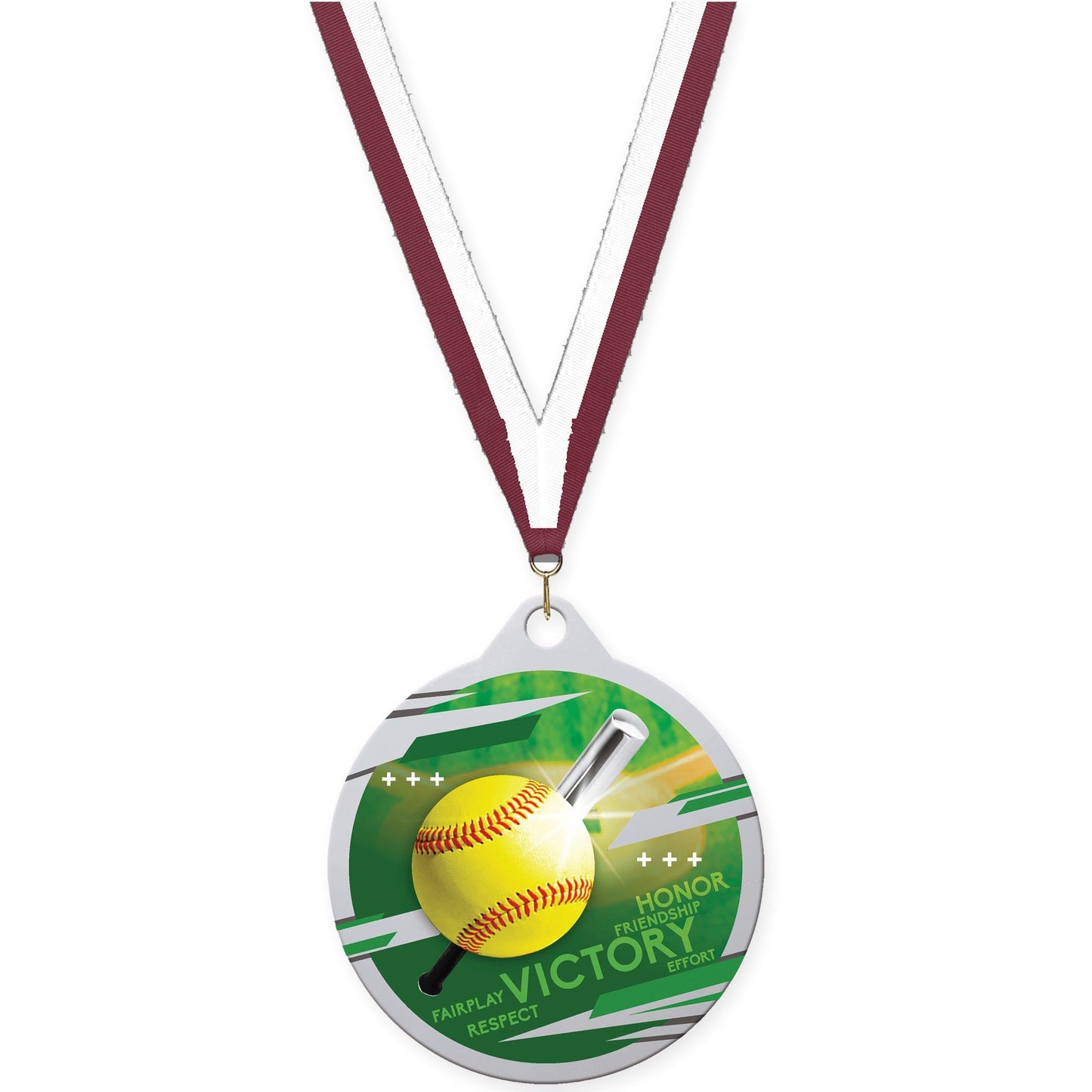 2 inch softball Inspire medal in silver with Maroon White neck ribbon