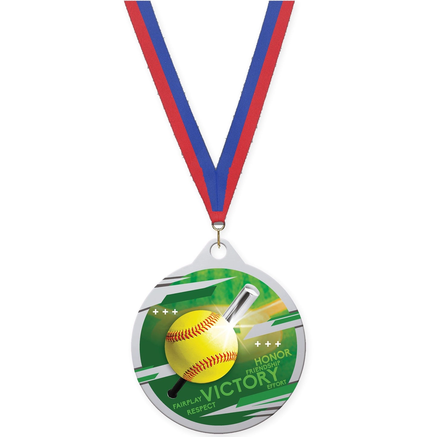 2 inch softball Inspire medal in silver with Blue Red neck ribbon