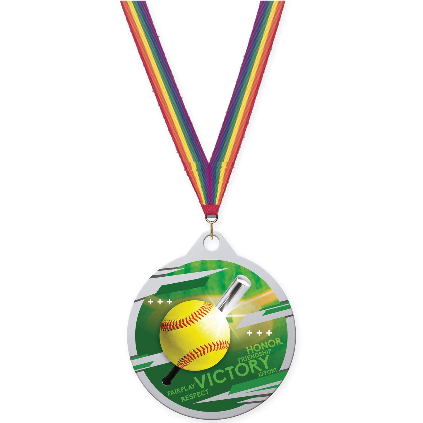 2 inch softball Inspire medal in silver with Rainbow neck ribbon