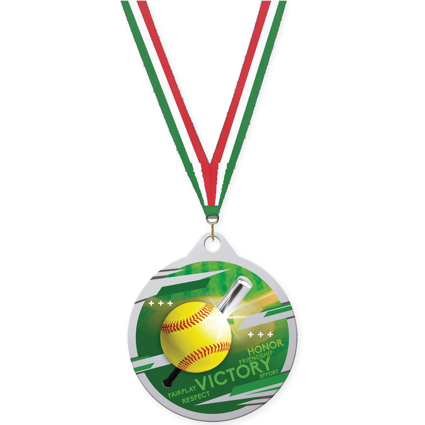 2 inch softball Inspire medal in silver with Green White Red neck ribbon