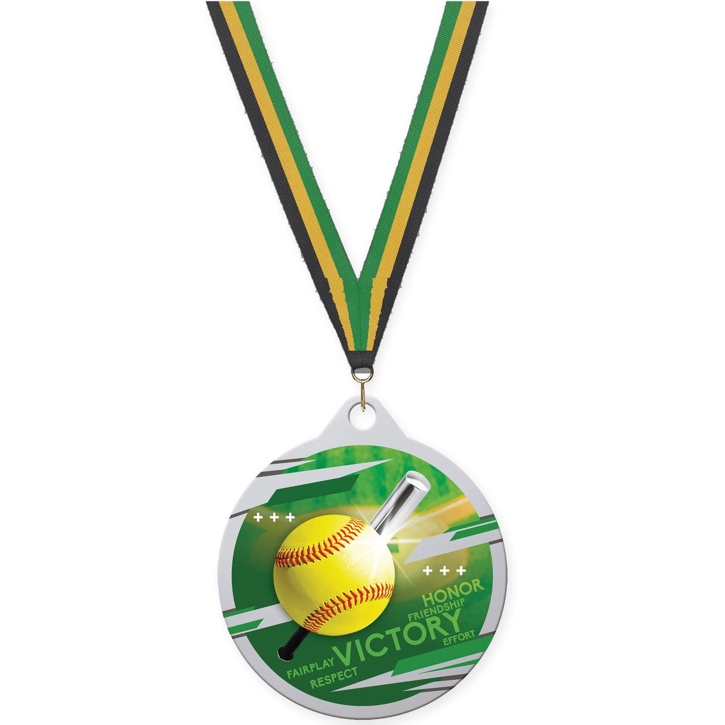 2 inch softball Inspire medal in silver with Black Gold Green neck ribbon