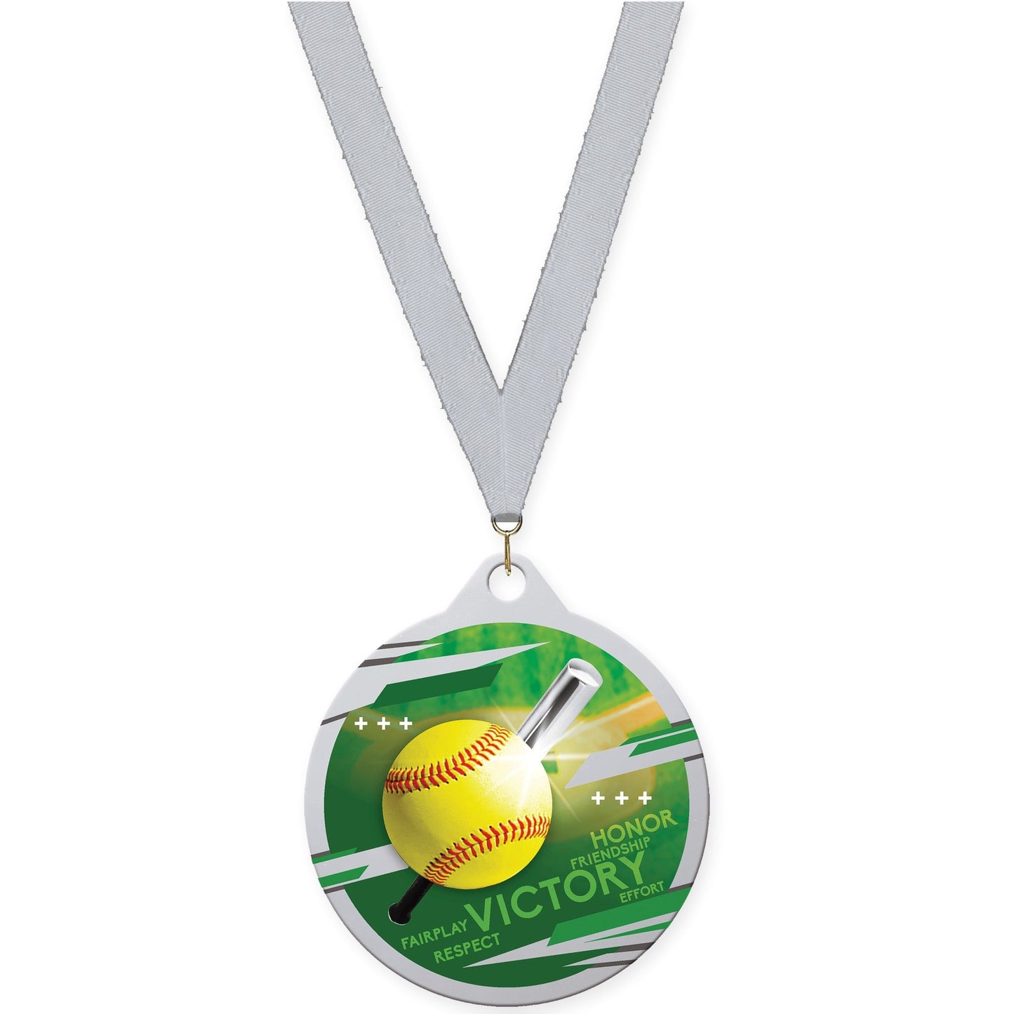2 inch softball Inspire medal in silver with Silver Metallic neck ribbon