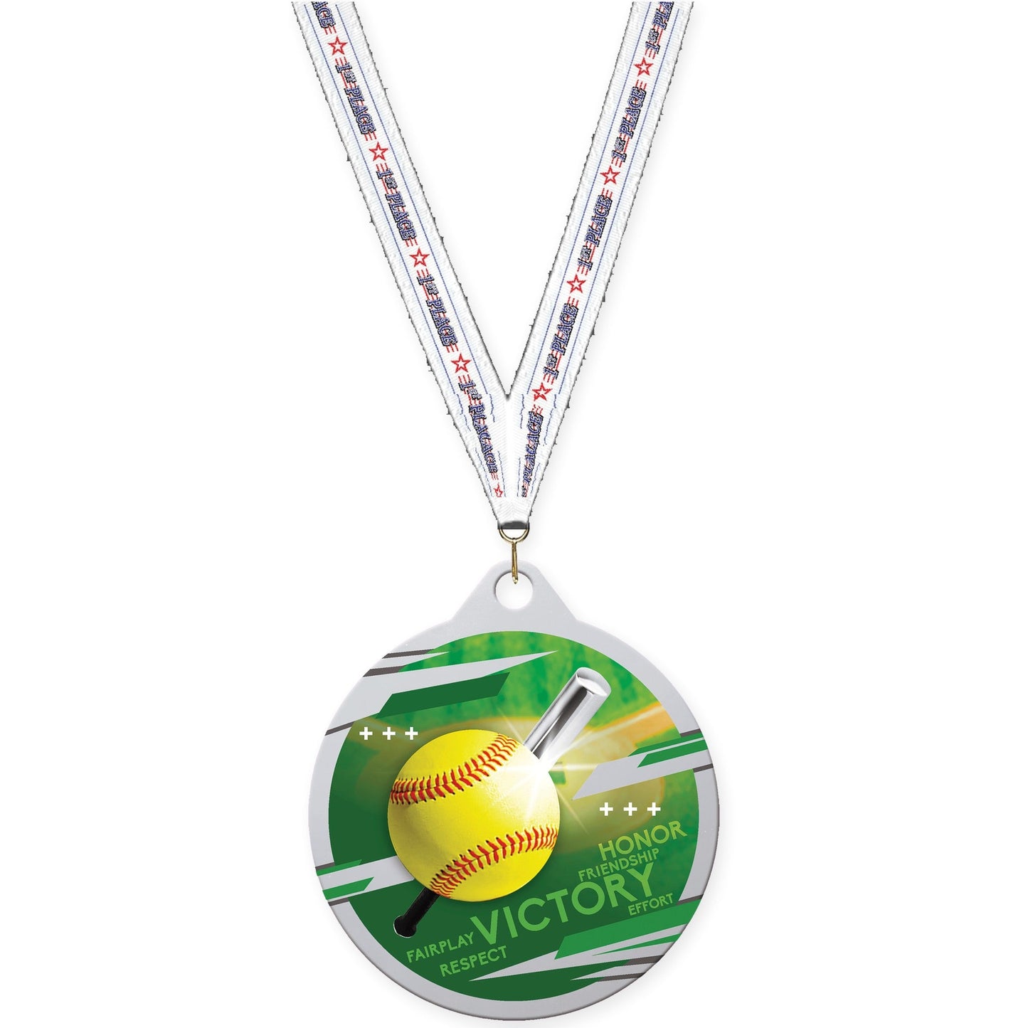 2 inch softball Inspire medal in silver with 1st Place neck ribbon