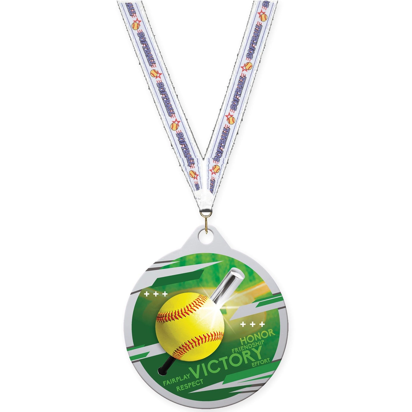 2 inch softball Inspire medal in silver with Softball neck ribbon
