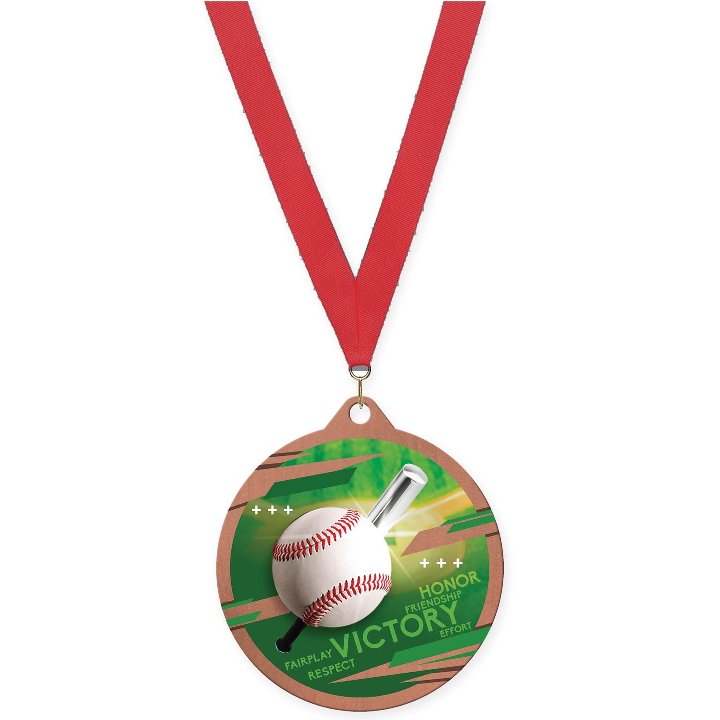 2 3/4 inch baseball Inspire medal in bronze with Red neck ribbon