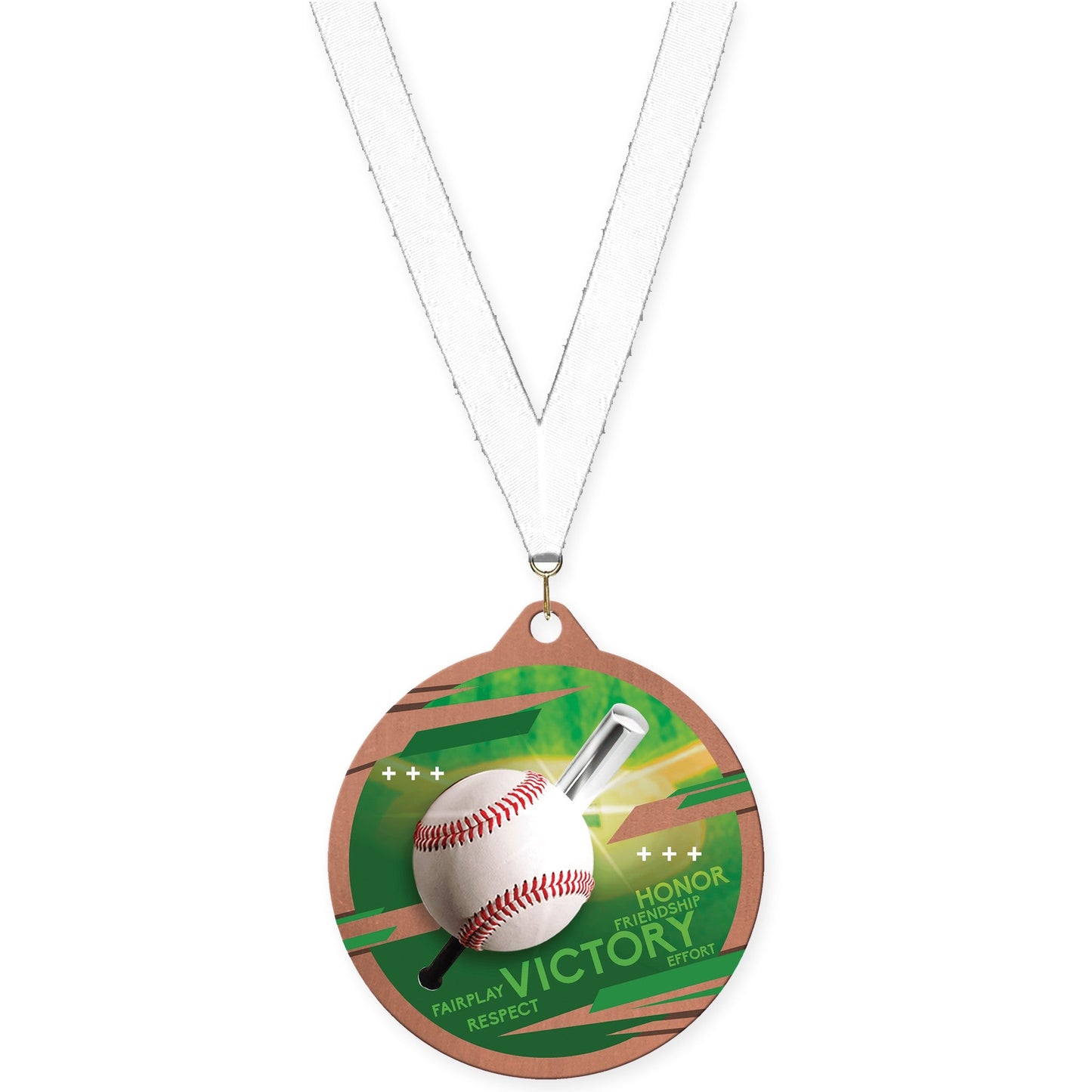 2 3/4 inch baseball Inspire medal in bronze with White neck ribbon