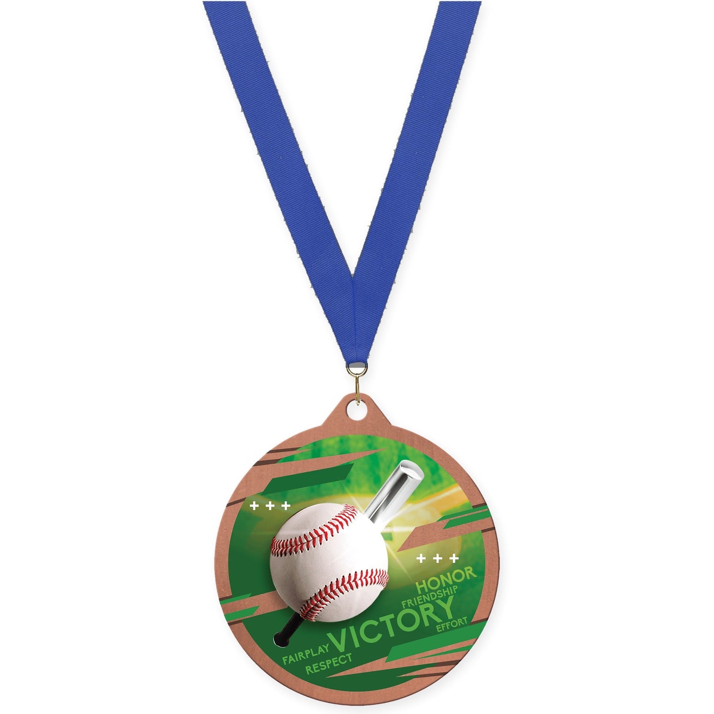 2 3/4 inch baseball Inspire medal in bronze with Blue neck ribbon