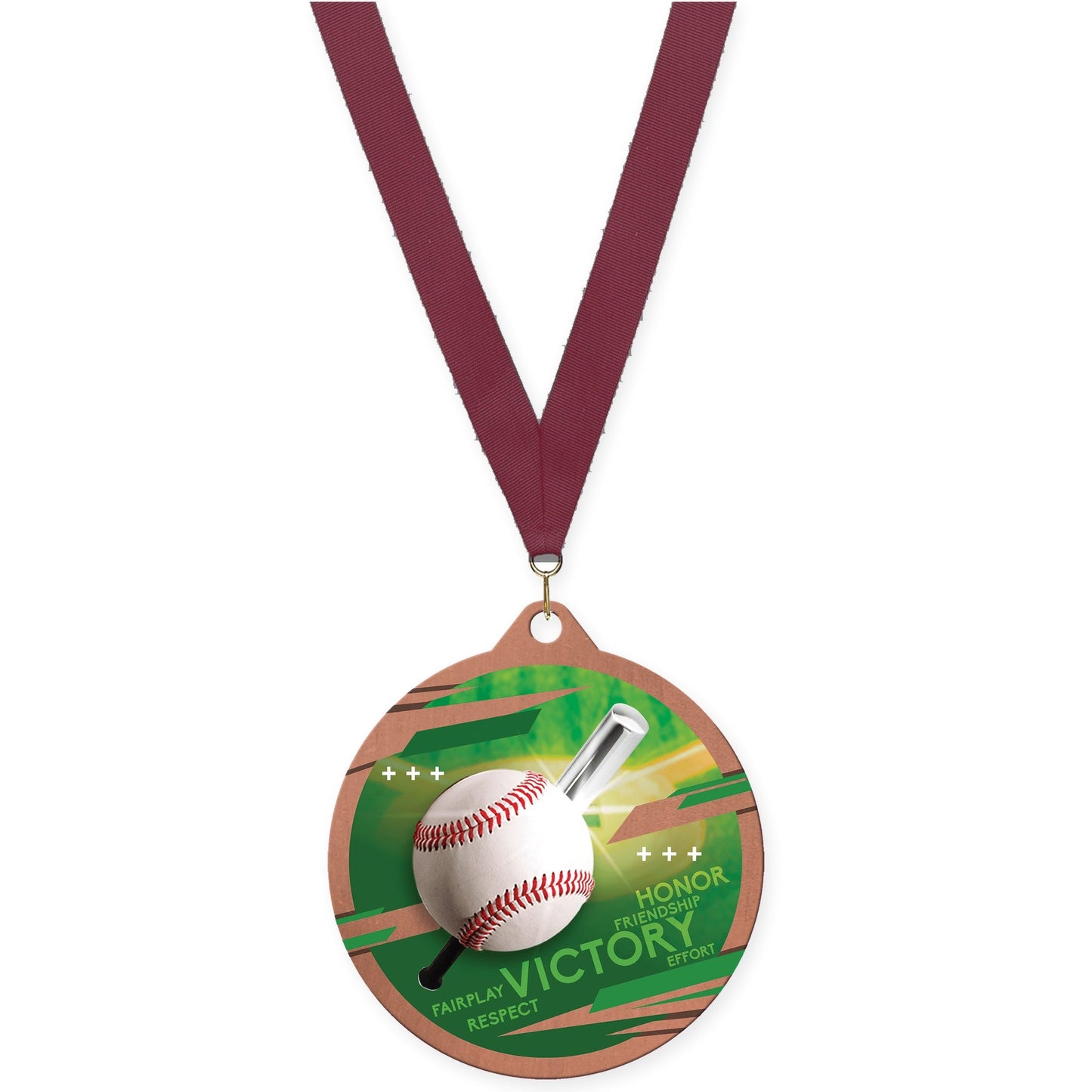 2 3/4 inch baseball Inspire medal in bronze with Maroon neck ribbon