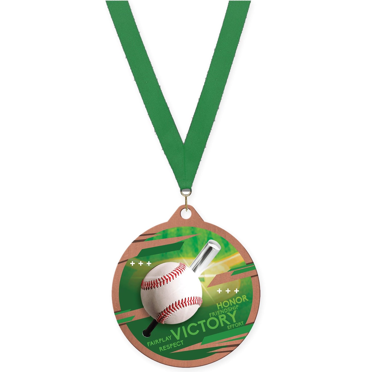 2 3/4 inch baseball Inspire medal in bronze with Green neck ribbon