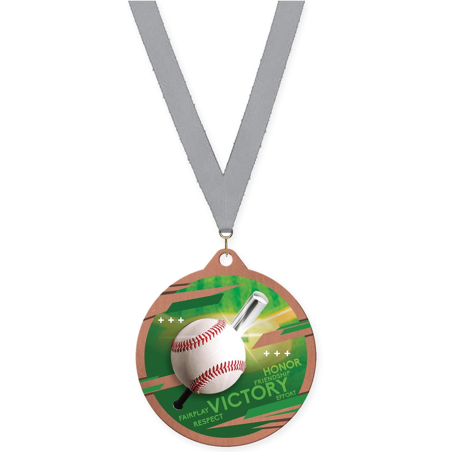 2 3/4 inch baseball Inspire medal in bronze with Gray neck ribbon